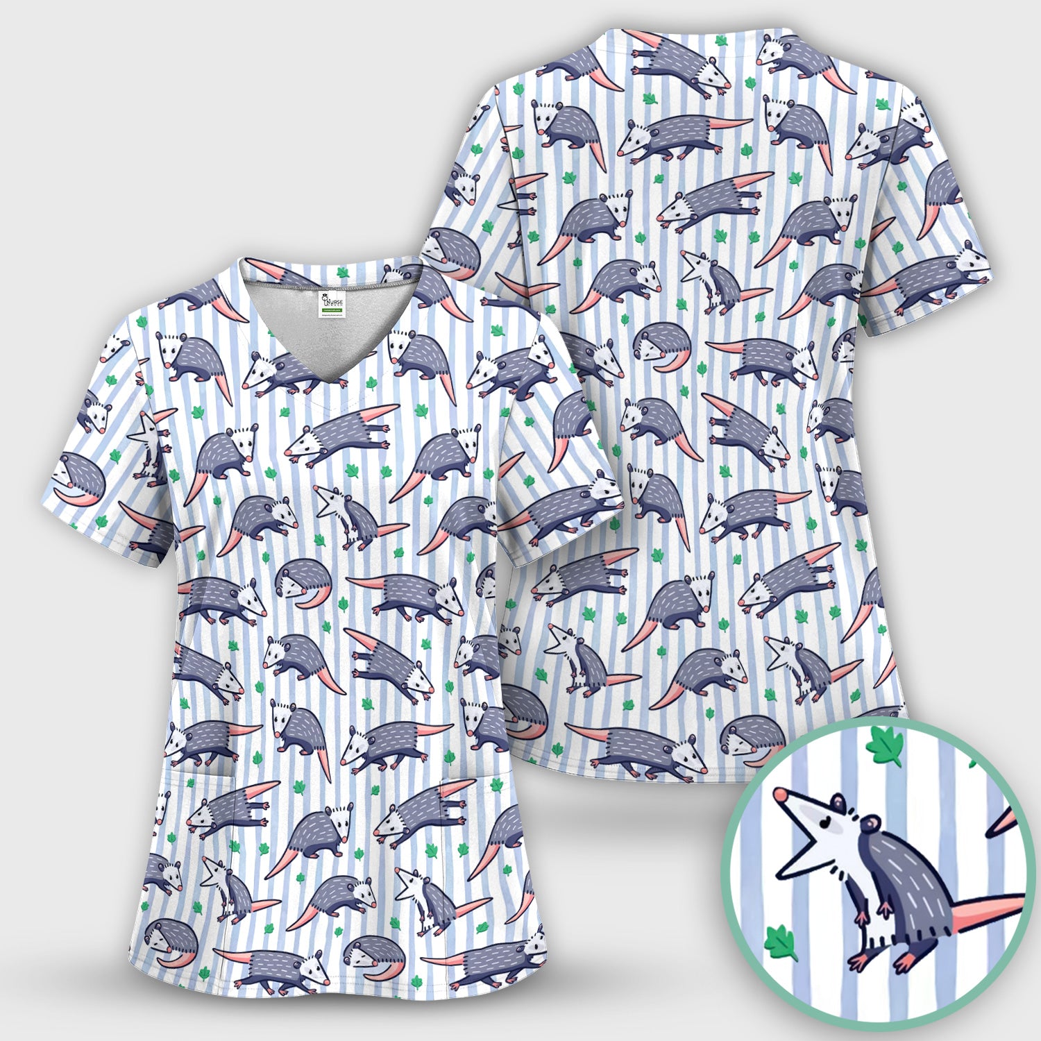Cute Opossum Blue Stripe Pattern Scrub Top, Breathable Fabrics Nursing Uniform
