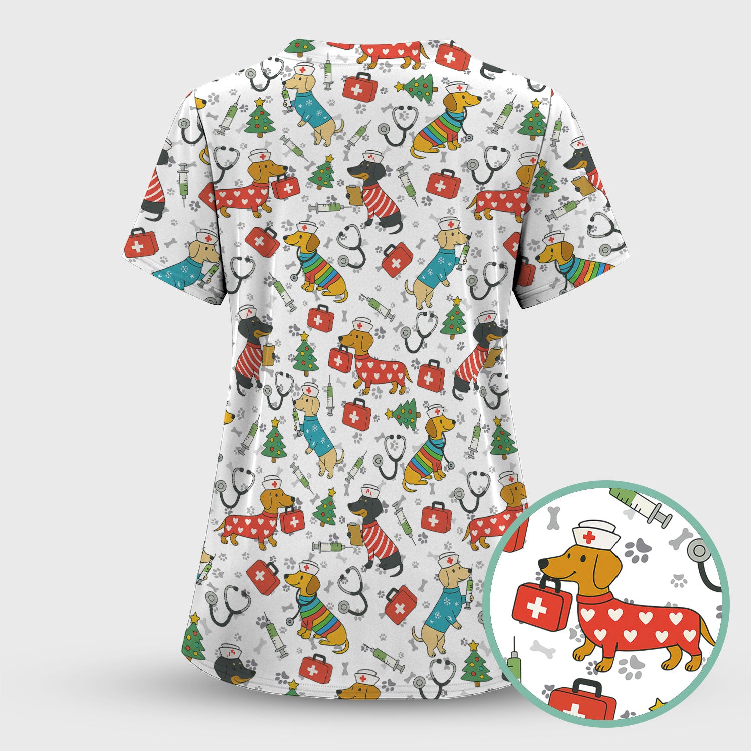 Funny Dachshund Scrub Shirt - Christmas Dog Print Scrubs Multi Color - Holiday Nurse Scrub Top Gift for Women, Men, CNA, RN, Medical Staff