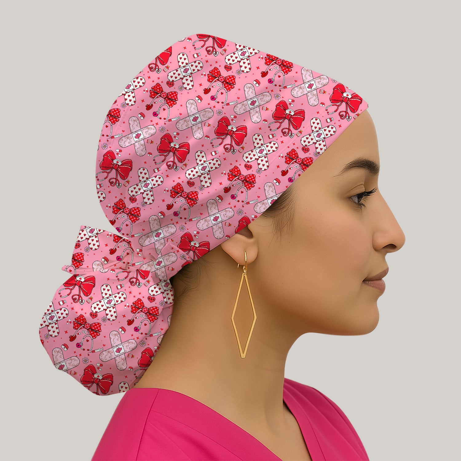 Valentine Nurse Scrub Cap, Red Bow And Heart Bandage Pattern Medical Hat, Breathable Fabrics Nursing Uniform