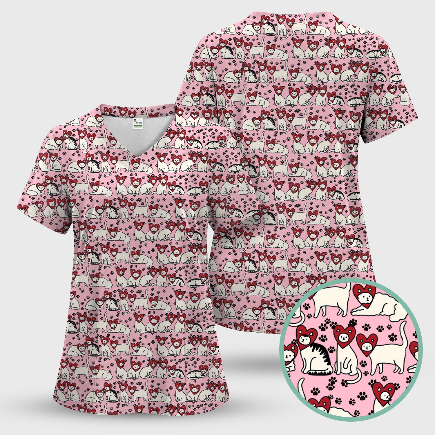 Cute Cat Heart Pattern Scrub Top, Funny Cat Scrub Shirt For Nurses, Breathable Fabrics Nursing Uniform