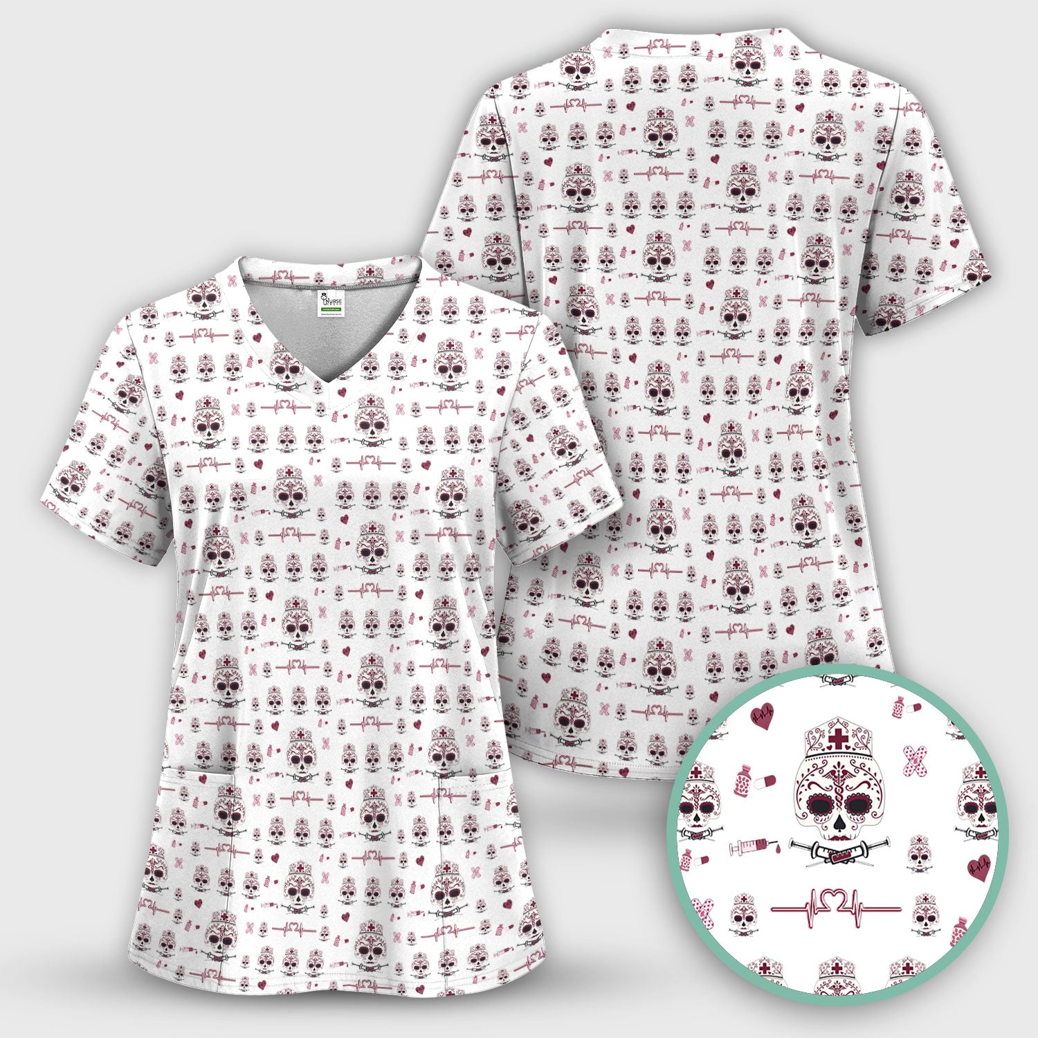 Sugar Skull Scrub Top, Skull Pattern Scrub Shirt, Breathable Fabrics Nursing Uniform
