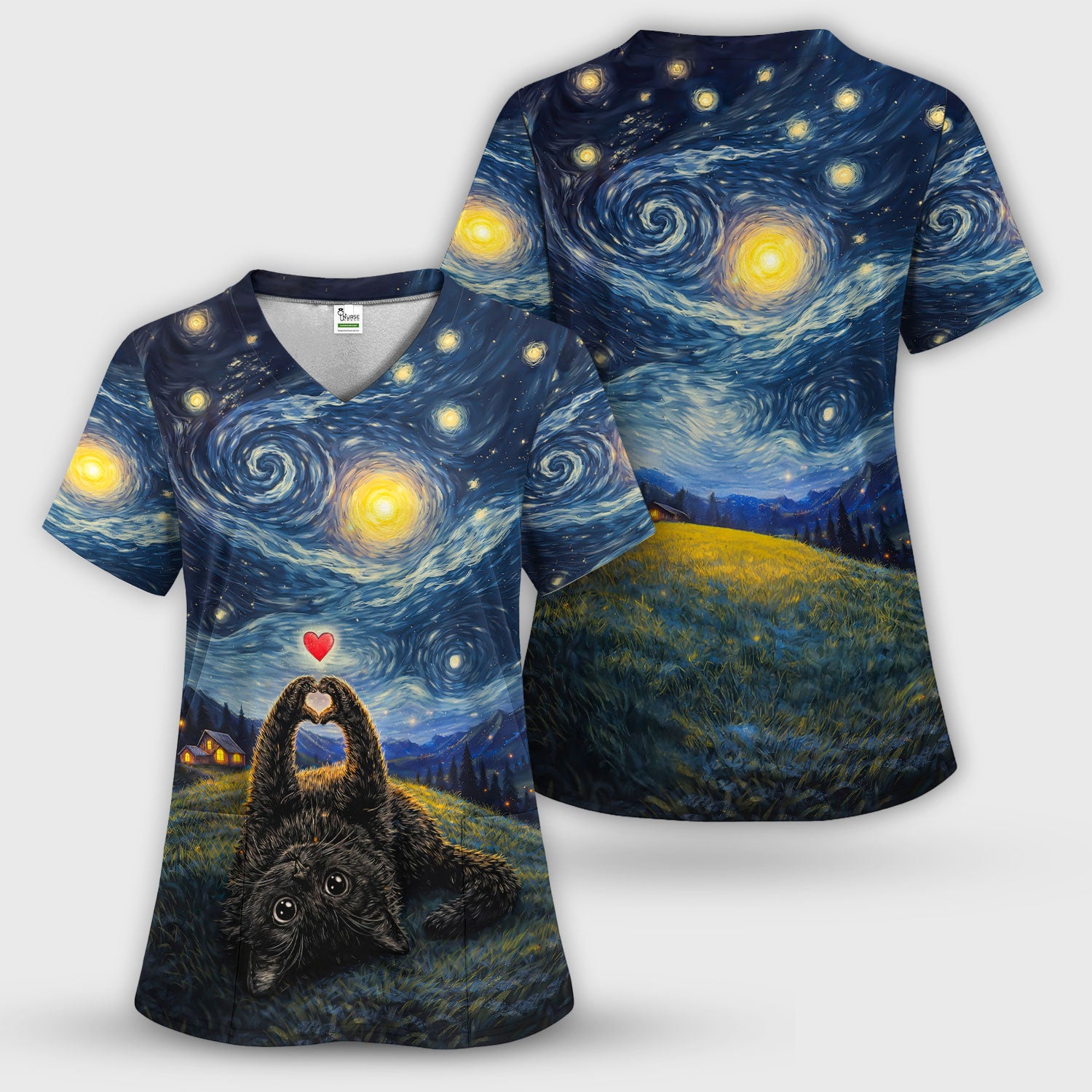 Starry Night Black Cat Heart Art Scrub Top, Breathable Fabrics Nursing Uniform