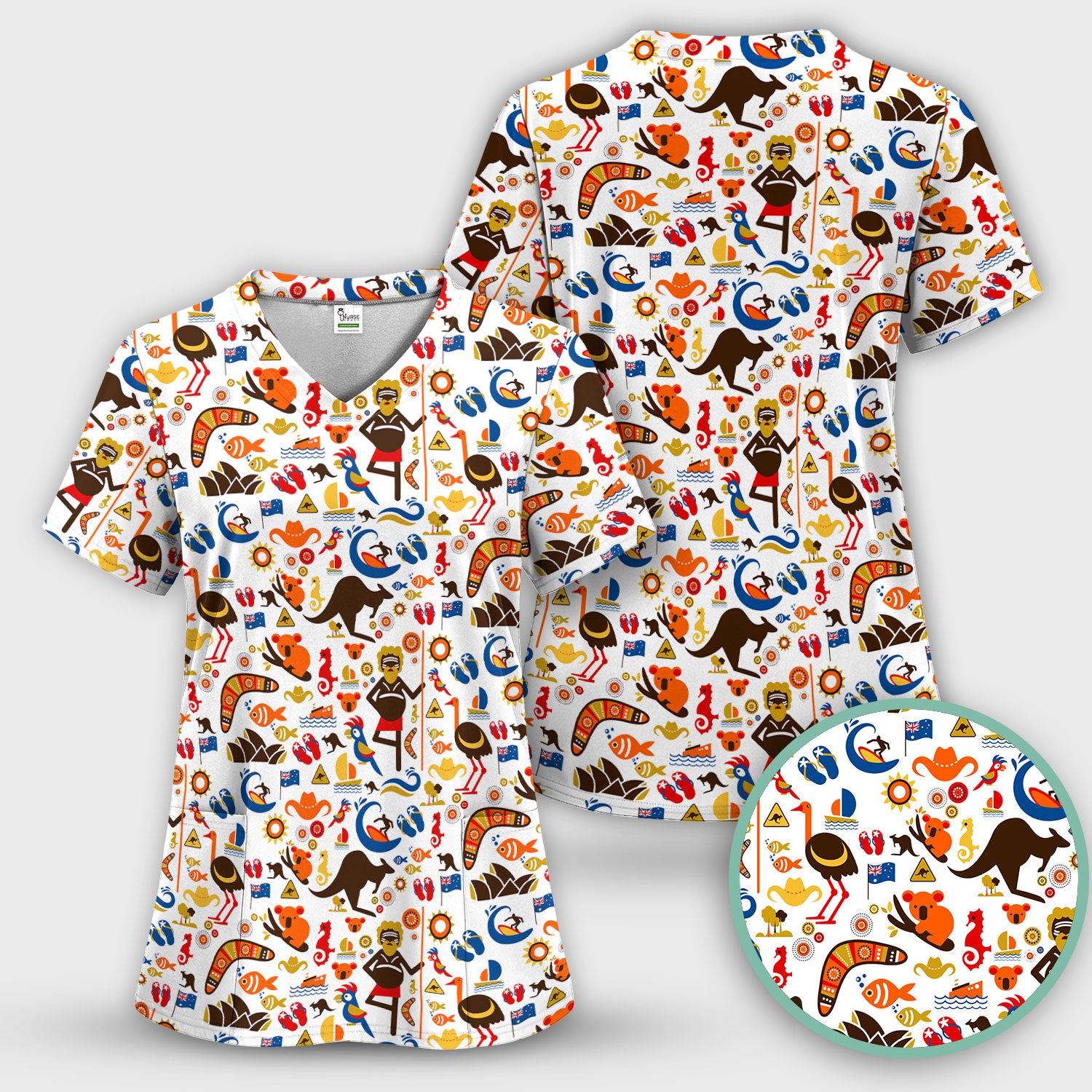 Indigenous Inspired Icon Scrub Top, Australia Culture Pattern Nurse Shirt, Comfortable Scrubs For Nursing