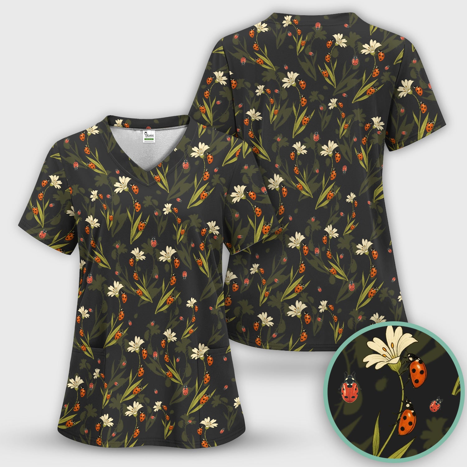 Fresh Daisy Ladybug Garden Pattern Scrub Top, Comfortable Scrubs For Nurses