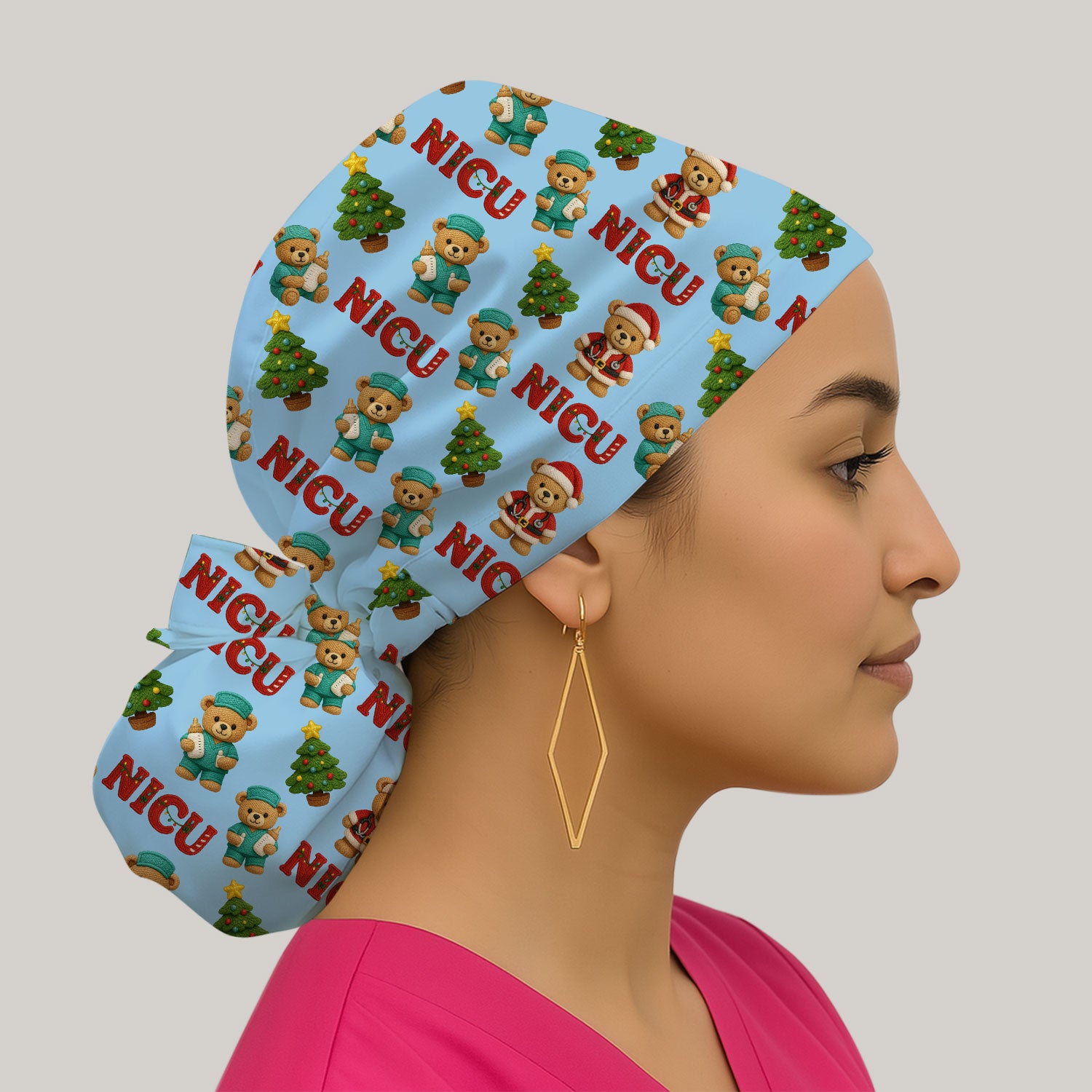 Festive Christmas NICU Nurse Teddy Bear Pattern Print Cap, Bouffant Scrub Caps for Women