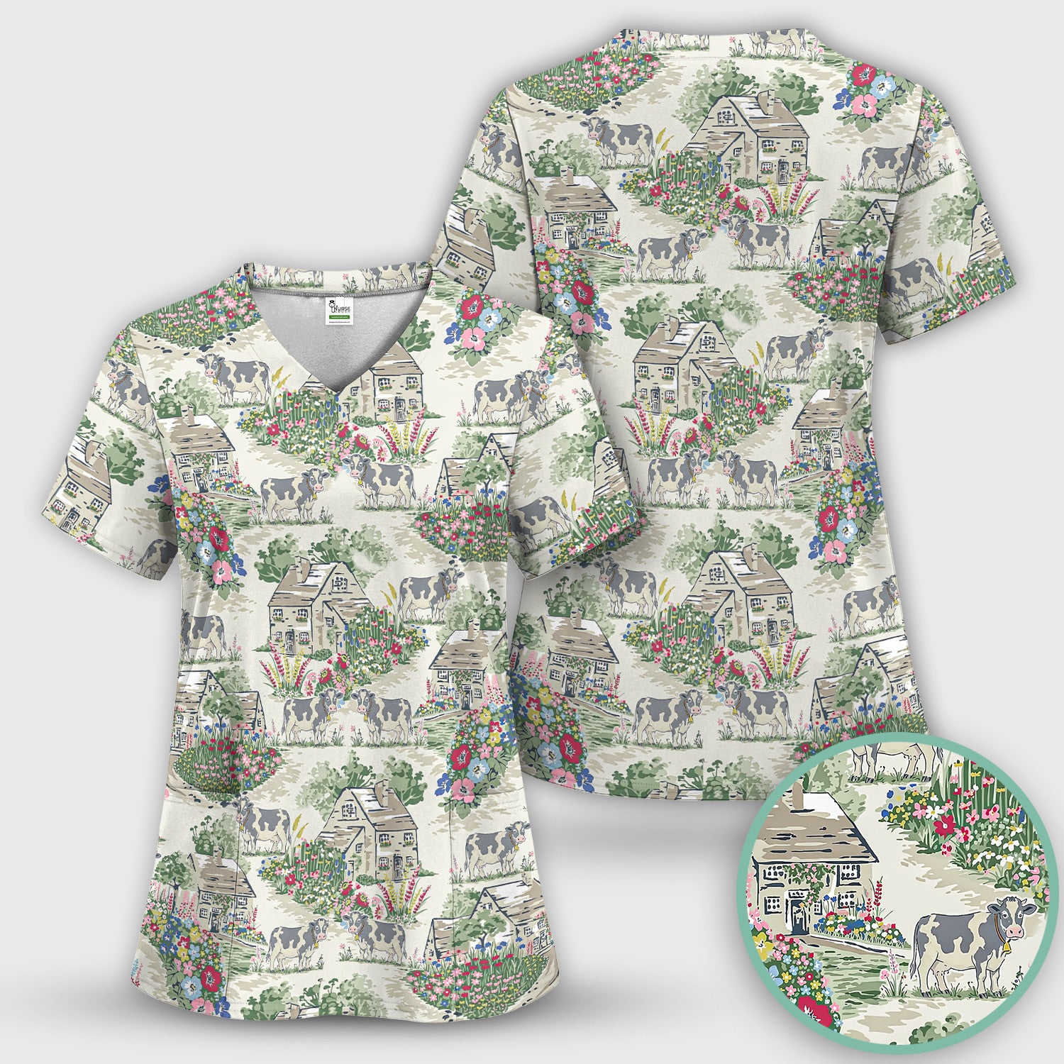 Charming Countryside Cows Cottage Garden Pattern Scrub Top, Comfortable Scrubs for Nurses