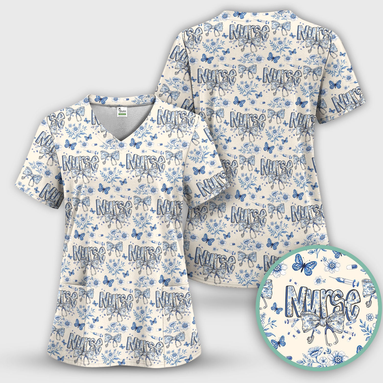Blue Nurse Letter Bow Butterfly Floral Print Scrub Top, Comfortable Scrubs for Nurses