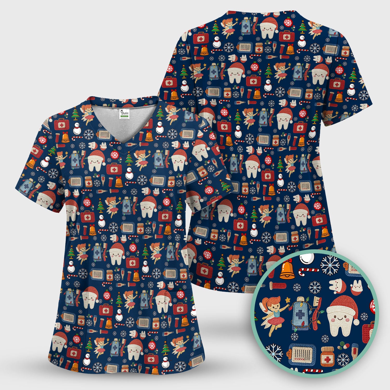 Christmas Dental Scrub Top - Cute Santa Tooth & Snowman Shirt - Festive Holiday Medical Uniform for Dentists, Hygienists & Nurses