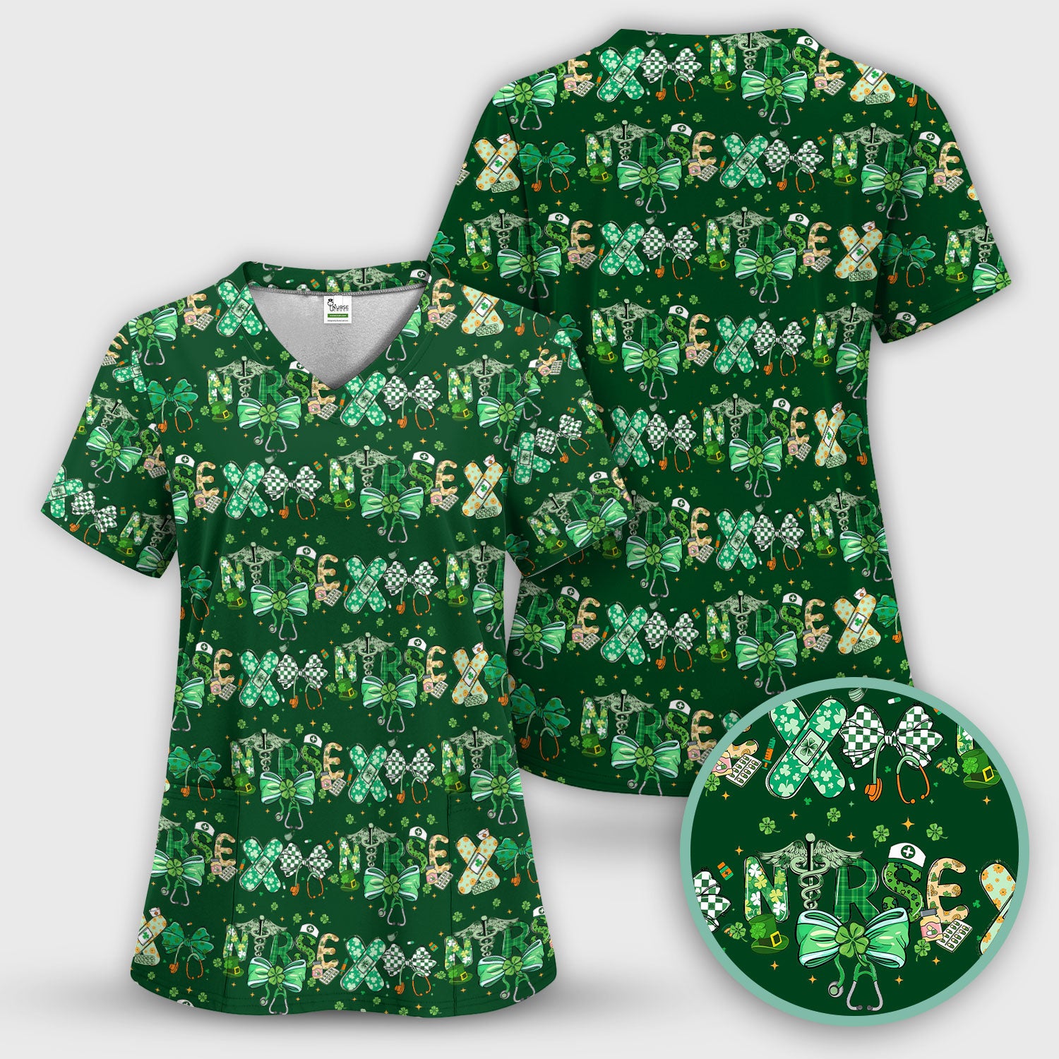 St. Patrick’s Nurse Scrub Top, Lucky Clover And Green Bow Pattern Nurse Shirt, Breathable Fabrics Nursing Uniform