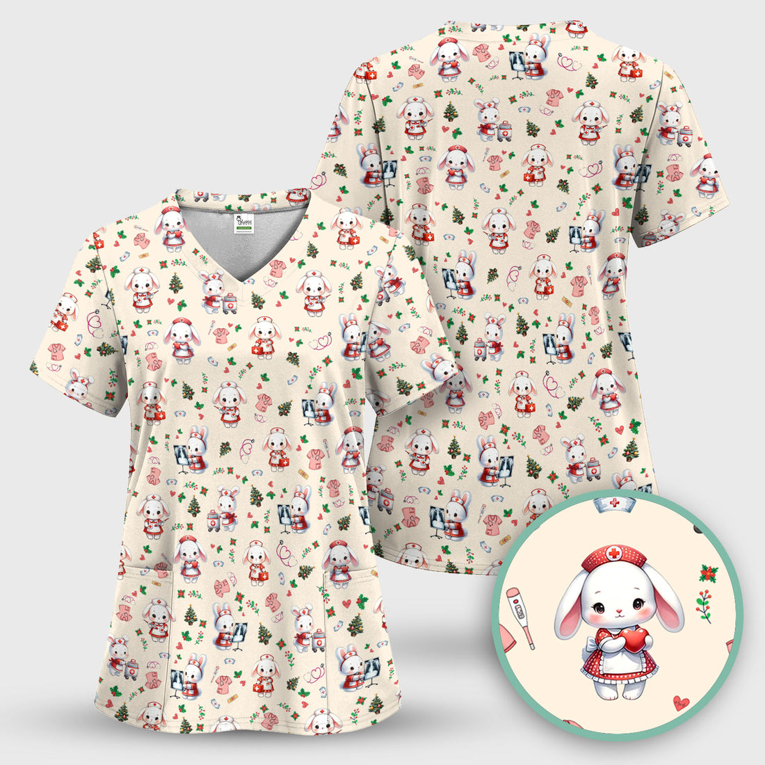 Cute Bunny Scrub Top for Nurse - Adorable Christmas Rabbit Shirt - Funny Holiday Medical Shirt Gift for Women RN LPN CNA