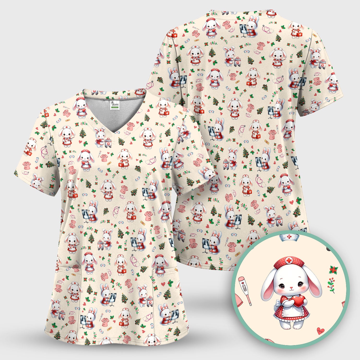 Cute Bunny Scrub Top for Nurse - Adorable Christmas Rabbit Shirt - Funny Holiday Medical Shirt Gift for Women RN LPN CNA