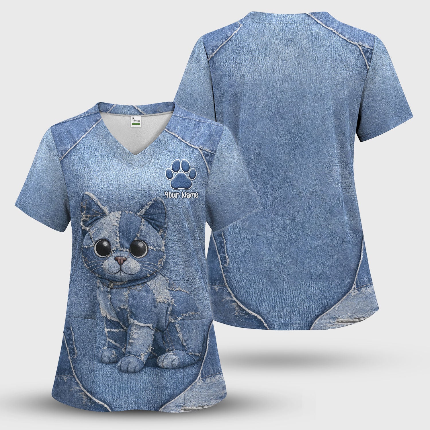 Personalized Patchwork Denim Cat Nurse Pattern Scrub Set, Scrub Pants and V Neck Top
