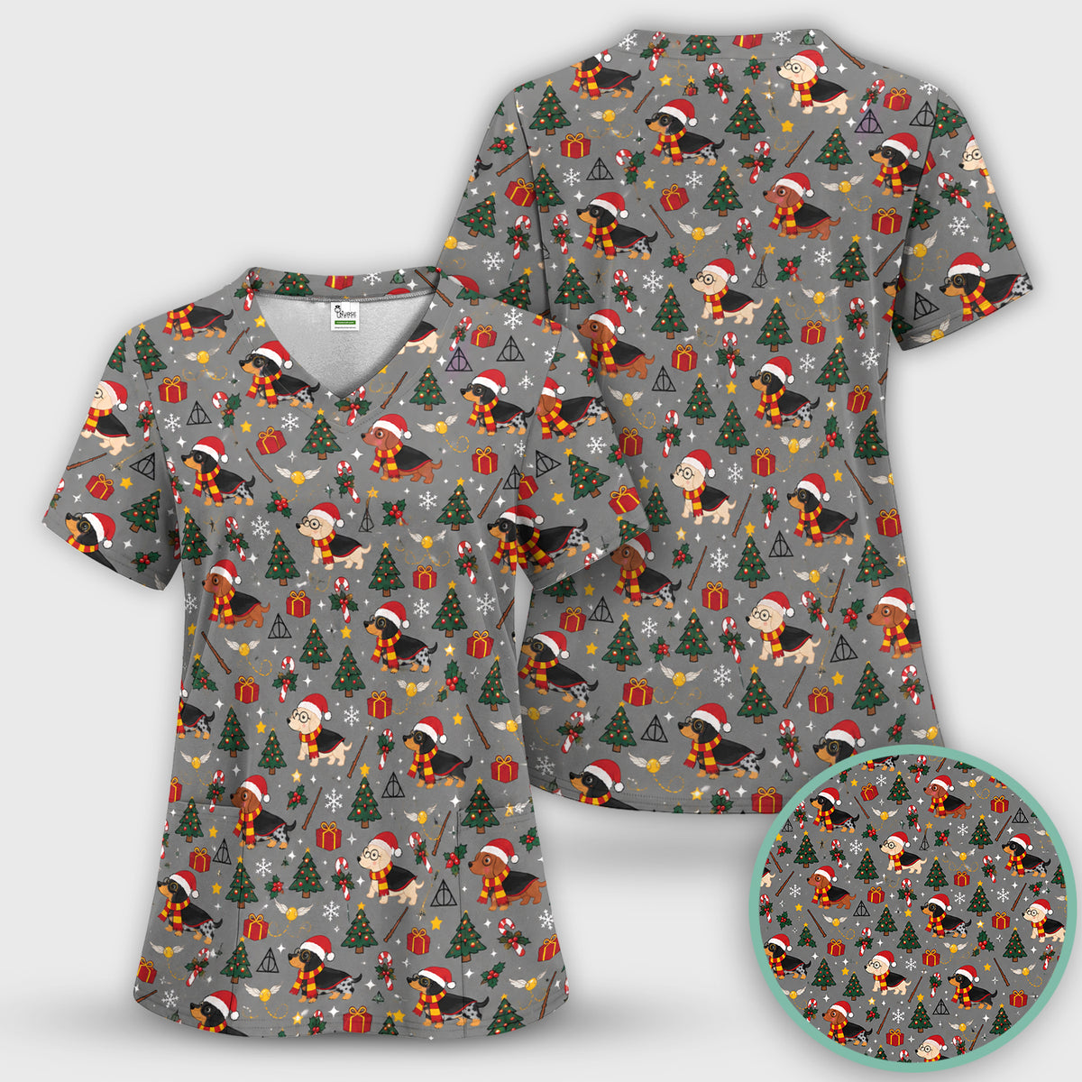 Christmas Wizard Dachshunds Pattern Scrub Set, Scrub Pants and V Neck Top