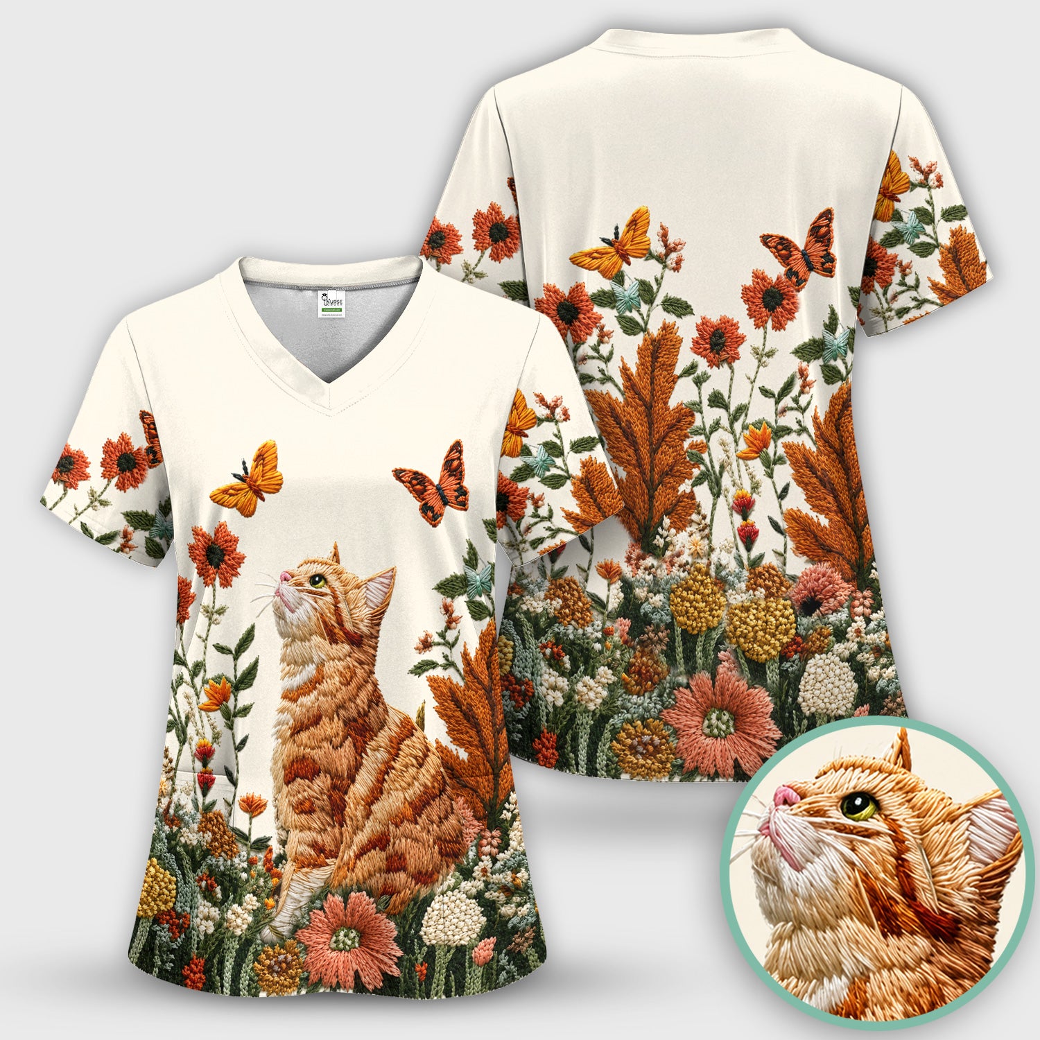 Embroidered Orange Cat Wildflower Pattern Scrub Top, Comfortable Scrubs for Nurses