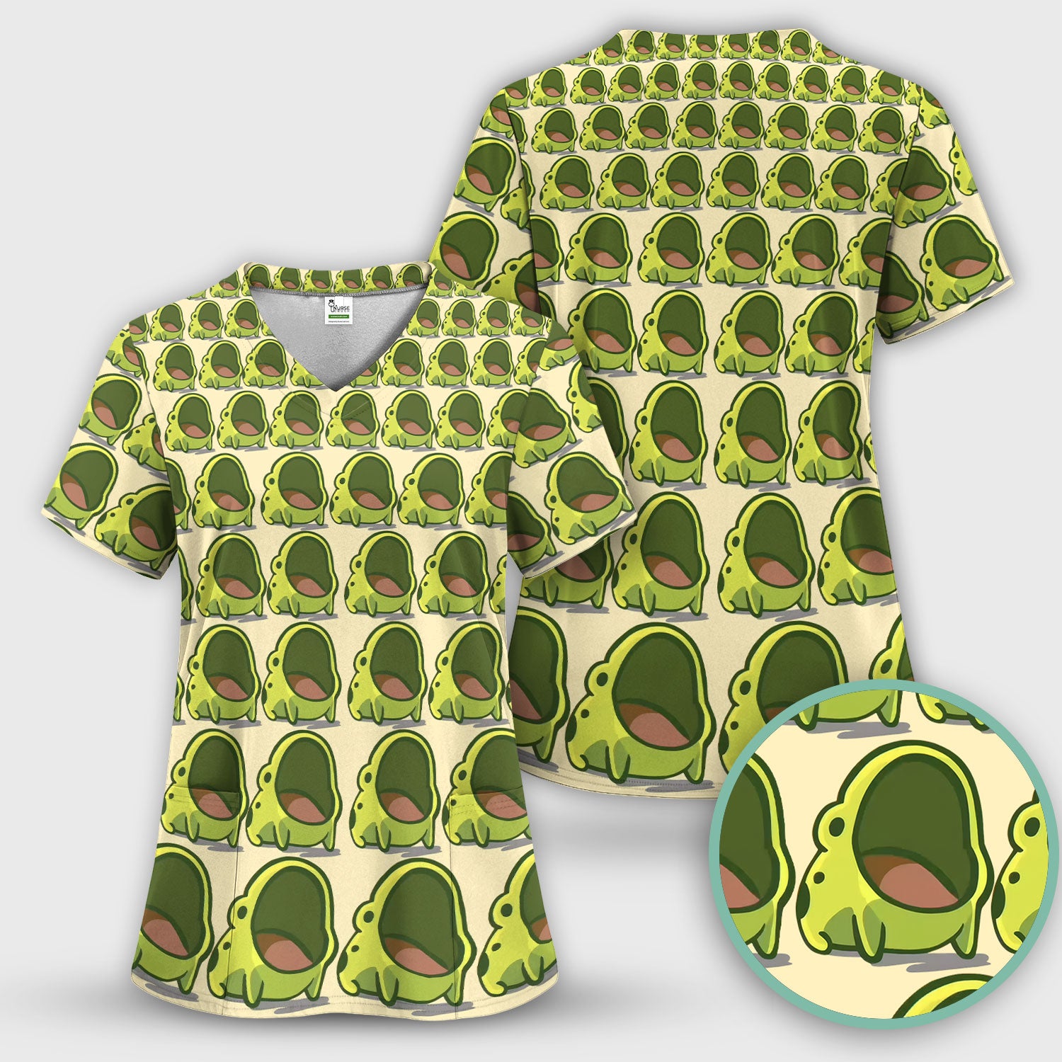 Cute Green Frog Cartoon Pattern Scrub Top, Breathable Fabrics Nursing Uniform