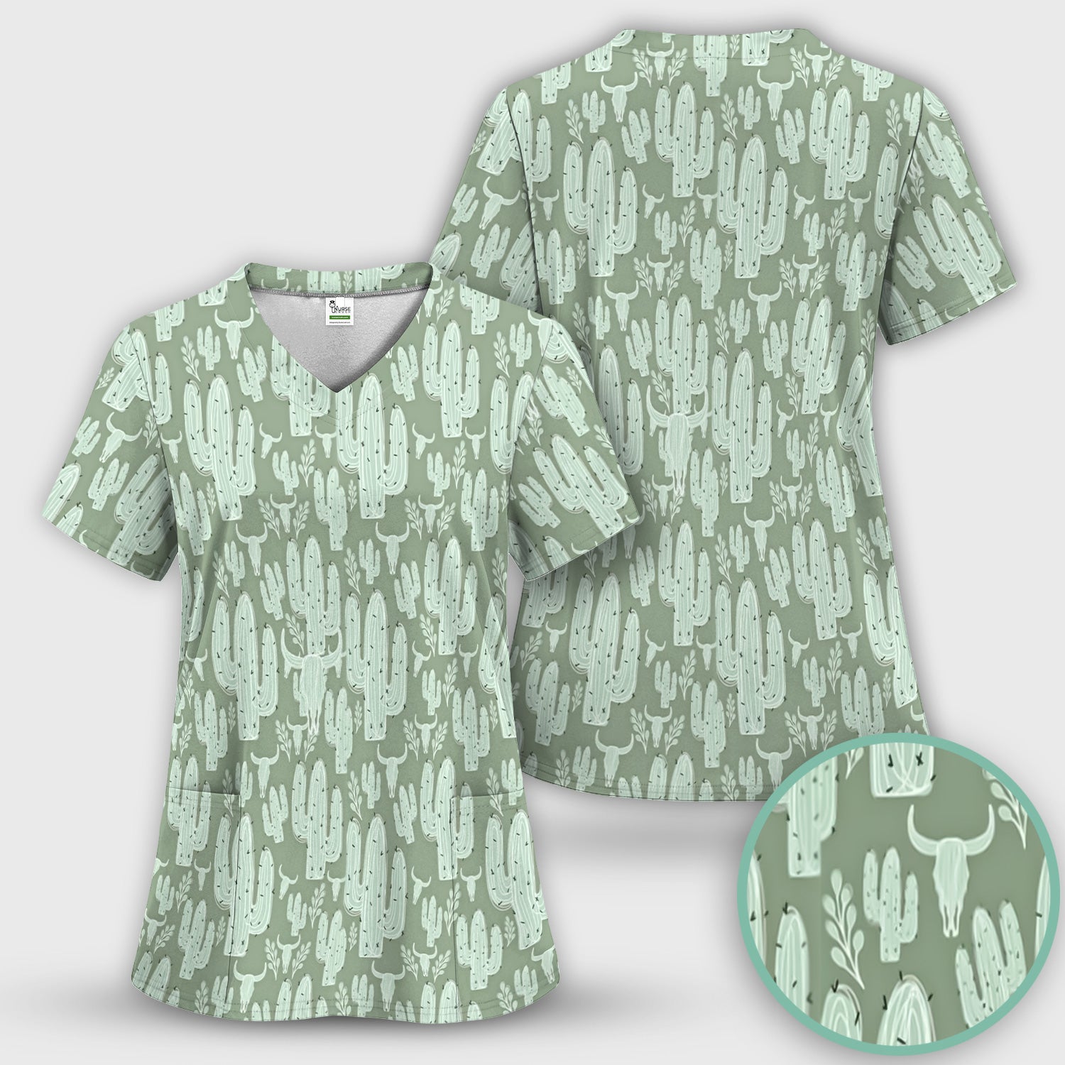 Funny Desert Cactus Skull Pattern Scrub Set, Scrub Pants and V Neck Top