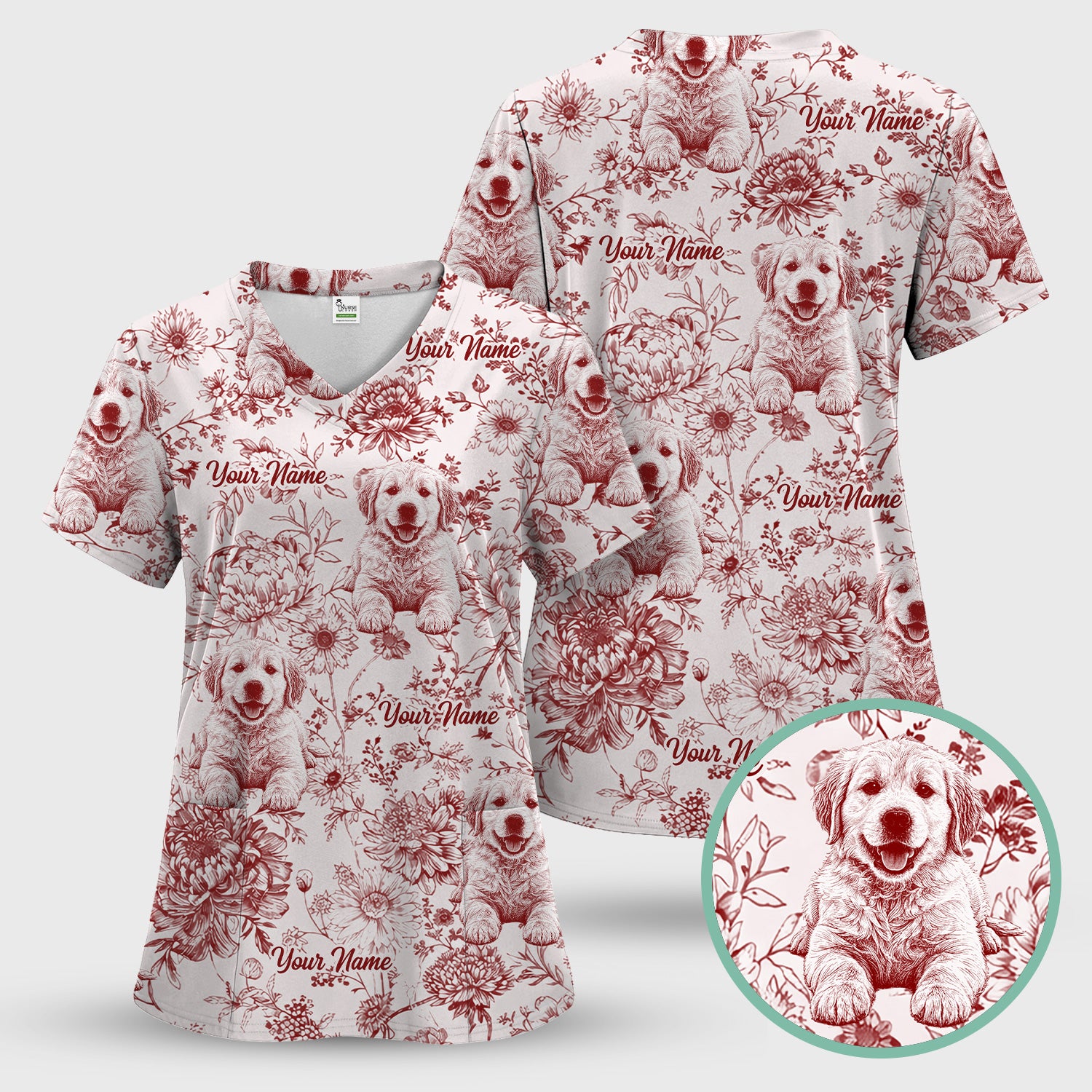 Personalized Custom Pet Photo Name Floral Pattern Scrub Top, Breathable Fabrics Nursing Uniform