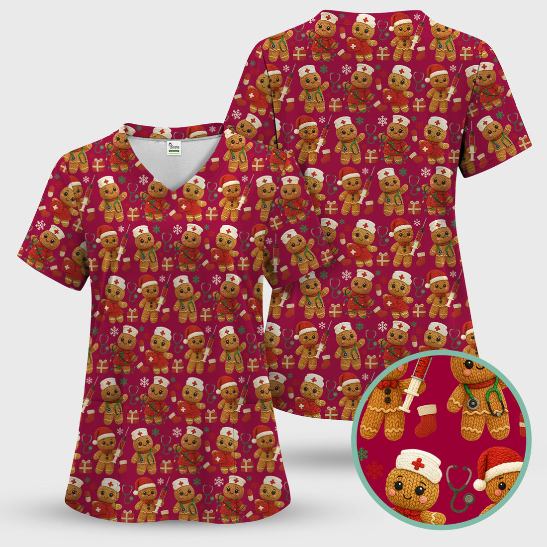 Christmas Scrub Tops for Women - Cute Gingerbread Nurse Pattern Medical Scrub Shirt - Festive Holiday Christmas Scrubs with Adorable Design