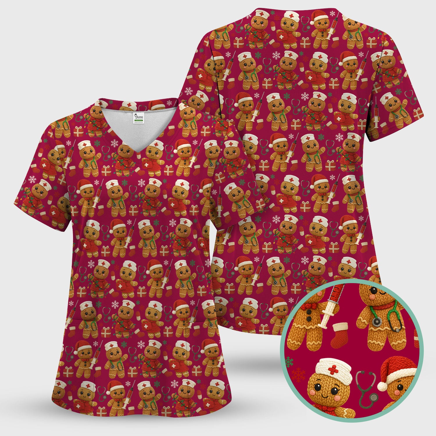 Christmas Scrub Tops for Women - Cute Gingerbread Nurse Pattern Medical Scrub Shirt - Festive Holiday Christmas Scrubs with Adorable Design