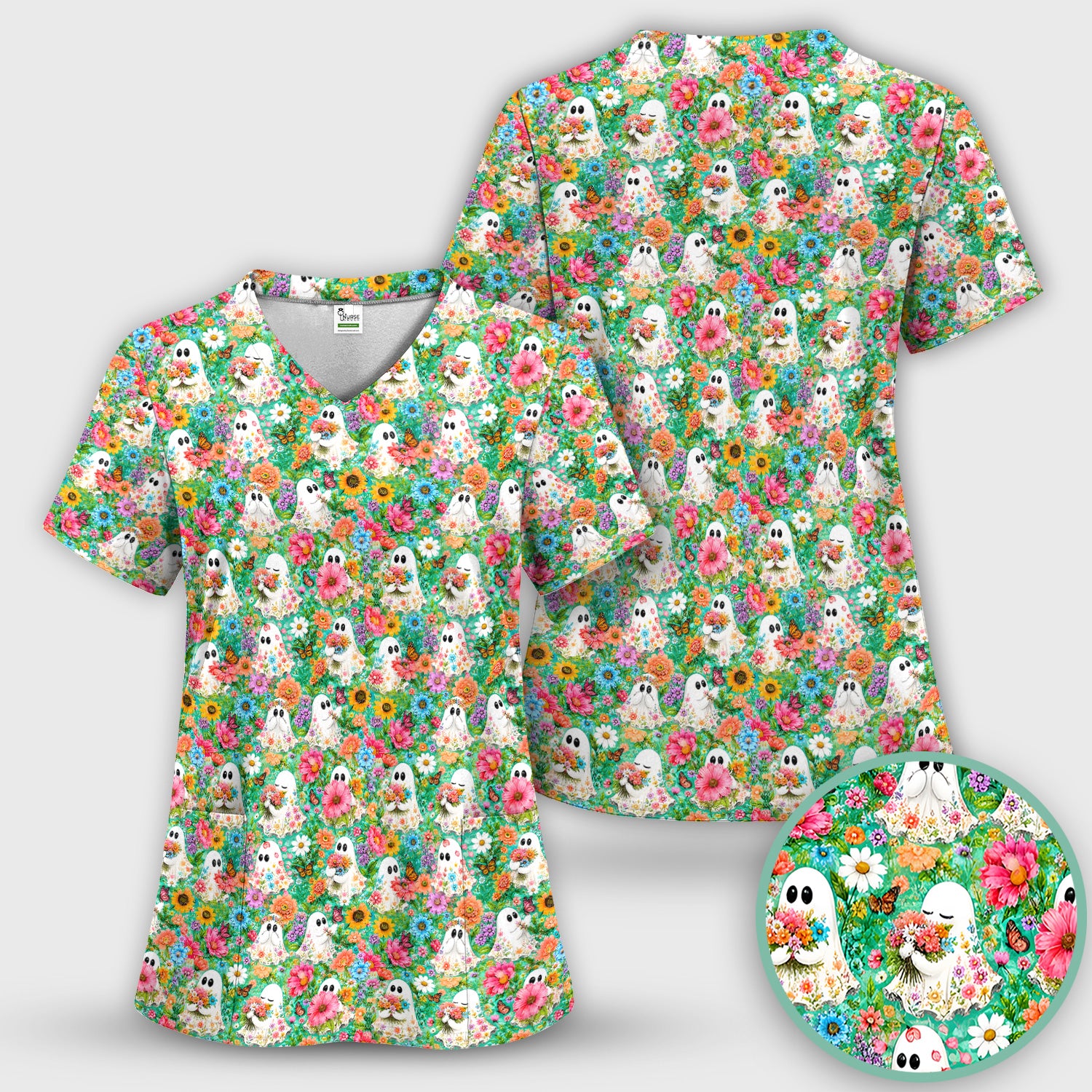 Cute Halloween Floral Ghosts Scrub Set, Scrub Pants and V Neck Top