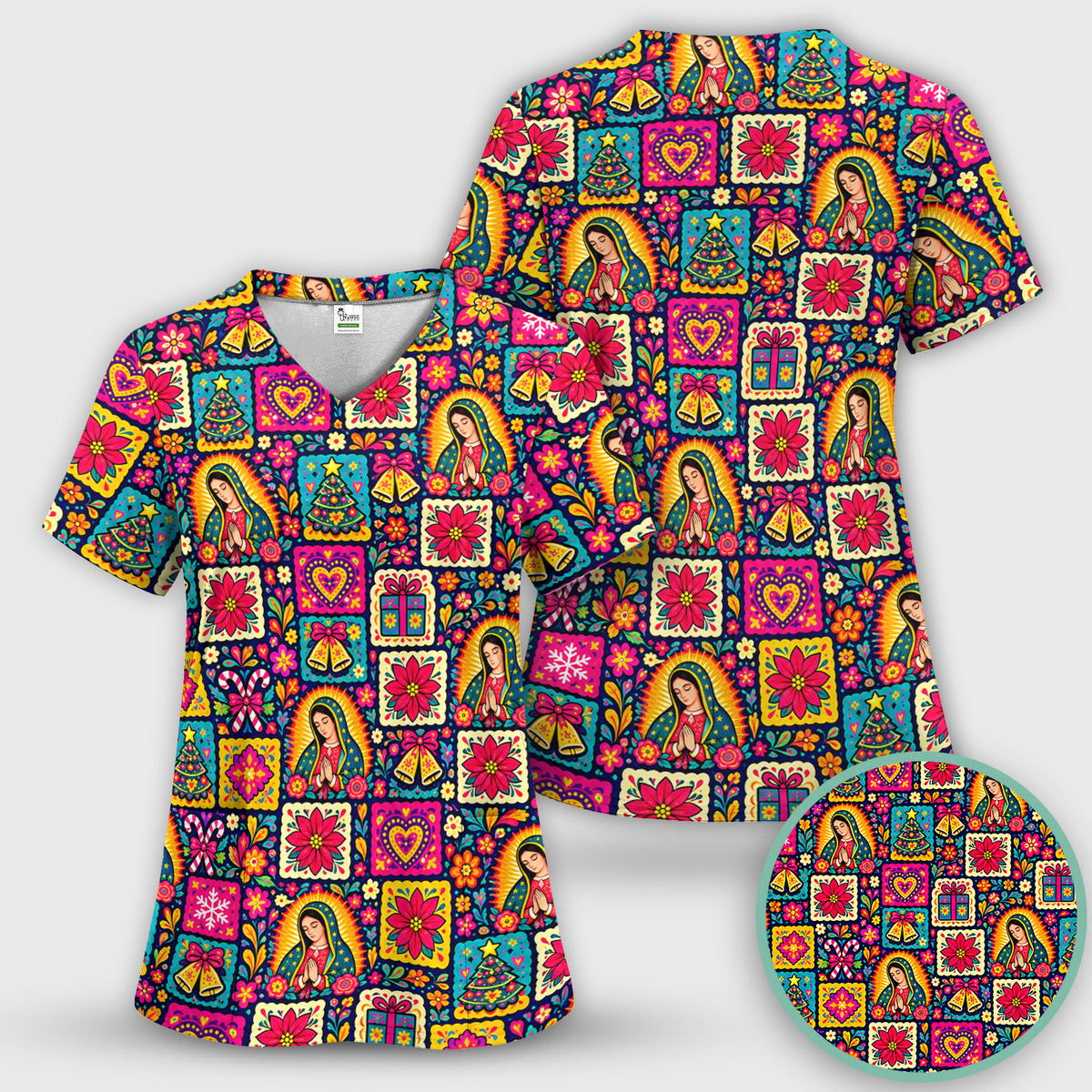 Our Lady of Guadalupe Christmas Folk Art Pattern Scrub Top, Comfortable Scrubs for Nurses