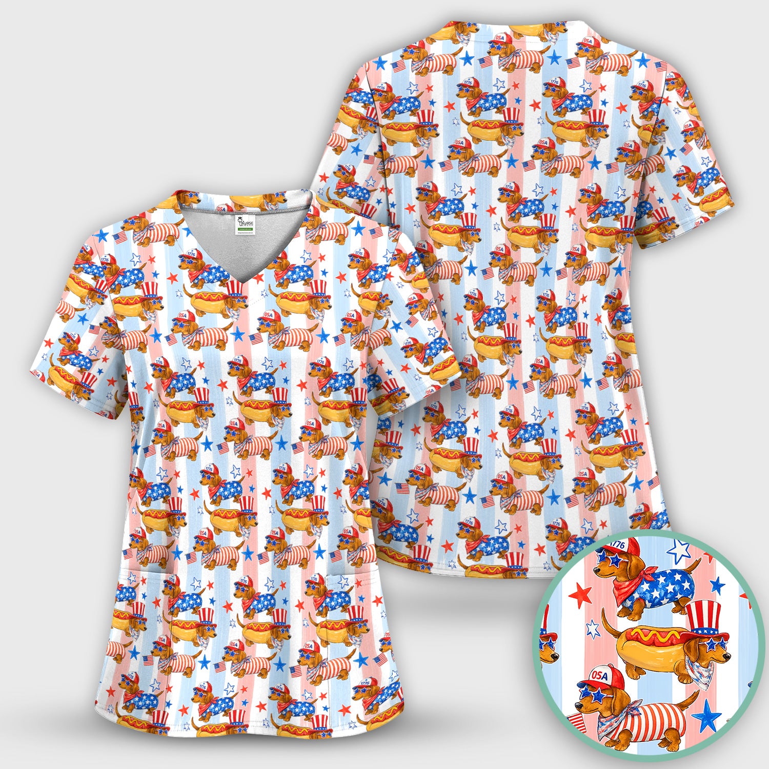 Fourth Of July Dachshund Pattern Scrub Top, Comfortable Scrubs for Nurses
