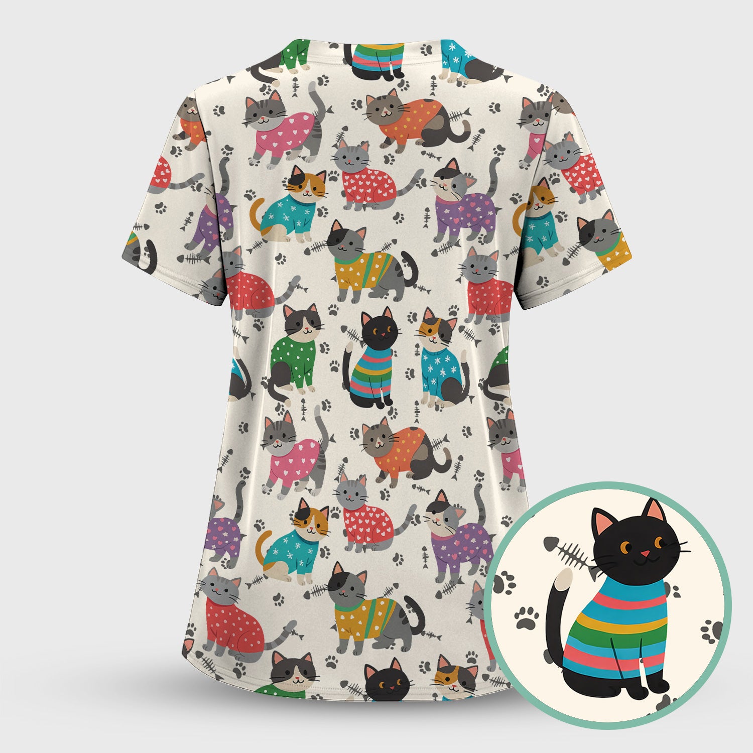 Cute Cat Nurse Scrub Top Multi Color - Funny Kitty Print Scrub Shirt for Women - Colorful Nursing Work Shirt with Pockets