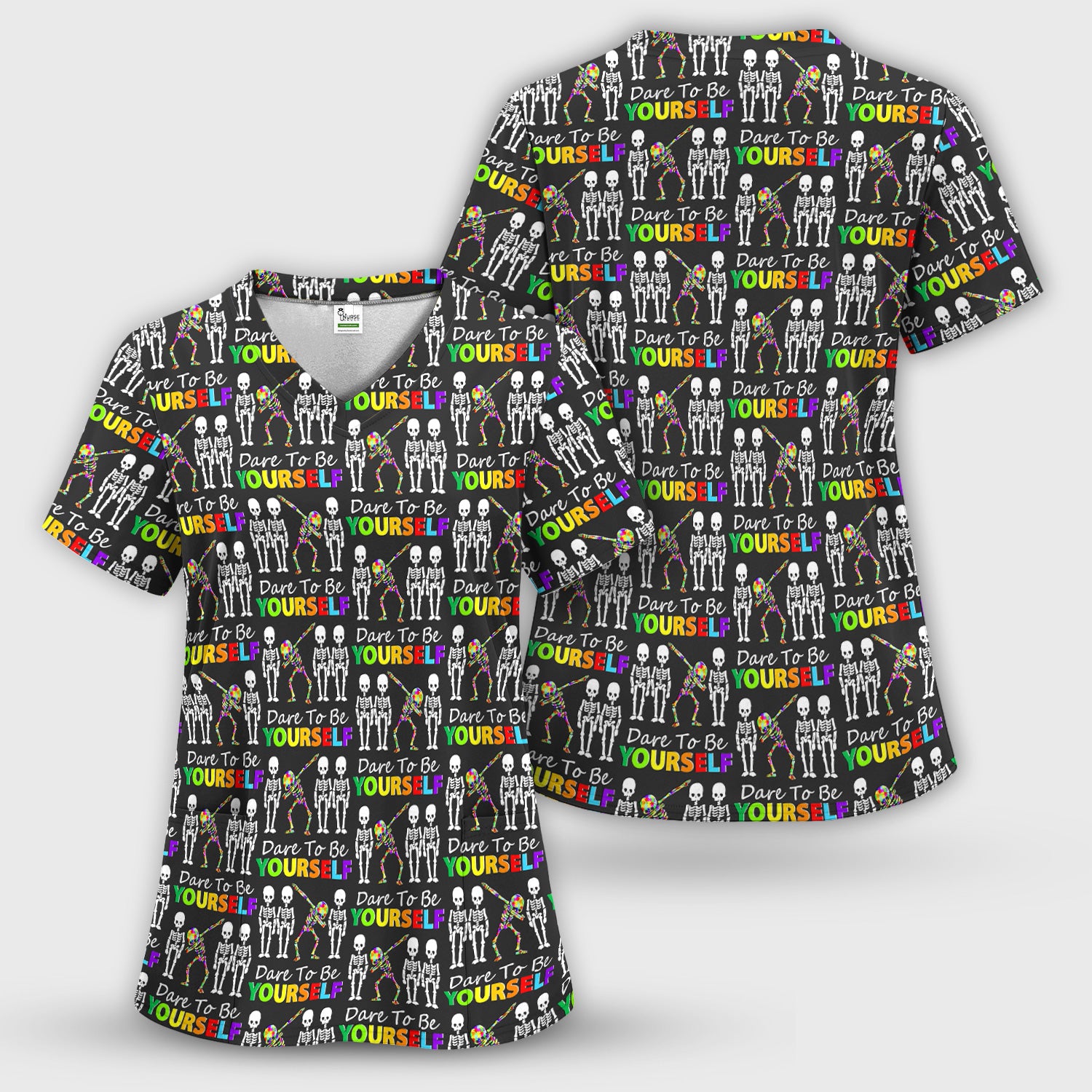 Rainbow Skeleton Dare To Be Yourself Pattern Scrubs Top, Comfortable Scrubs for Nurses