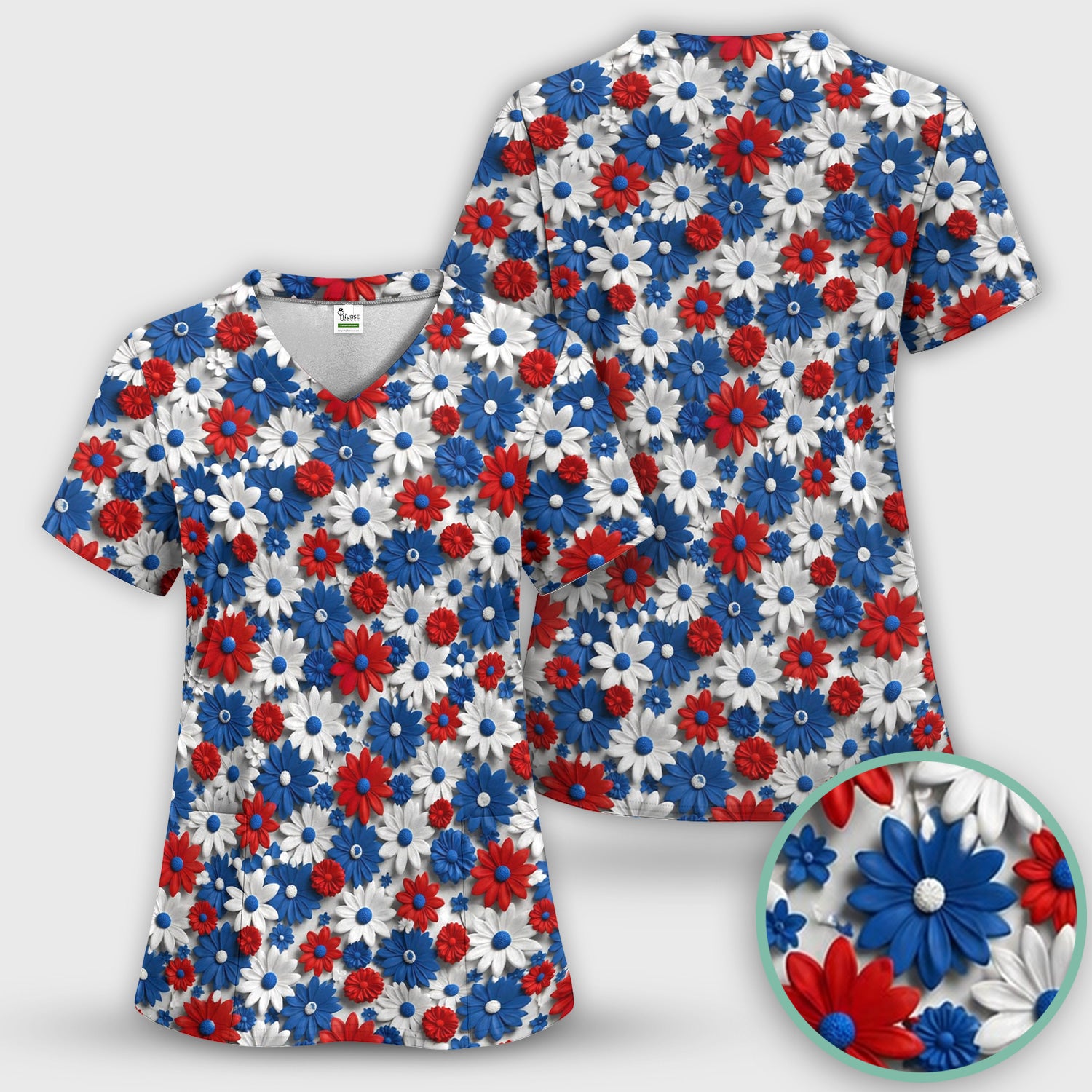 Patriotic Red Blue Daisy Floral Pattern Scrub Set, Scrub Pants and V Neck Top
