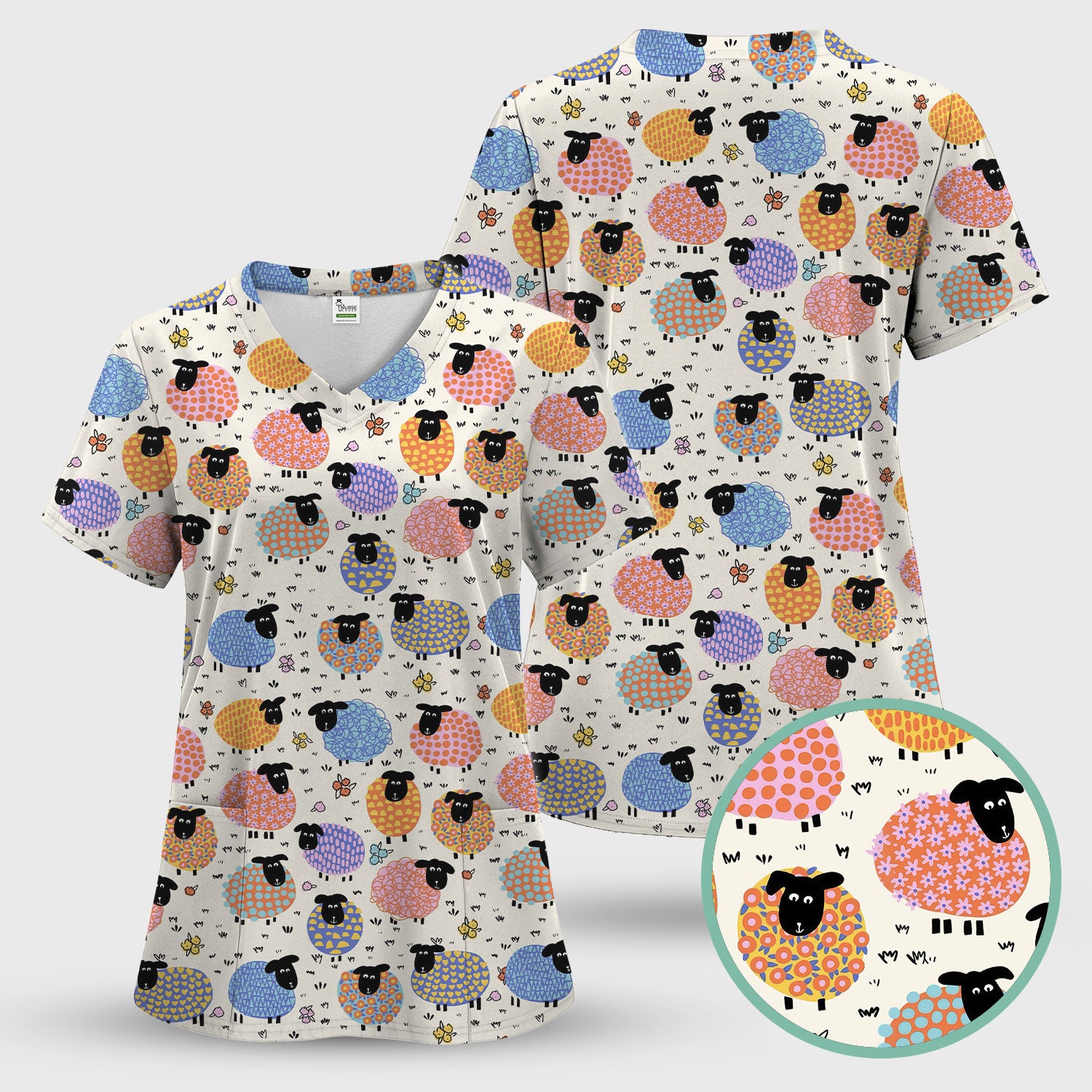 Adorable Colorful Sheep Pattern Scrubs Top, Breathable Fabrics Nursing Uniform