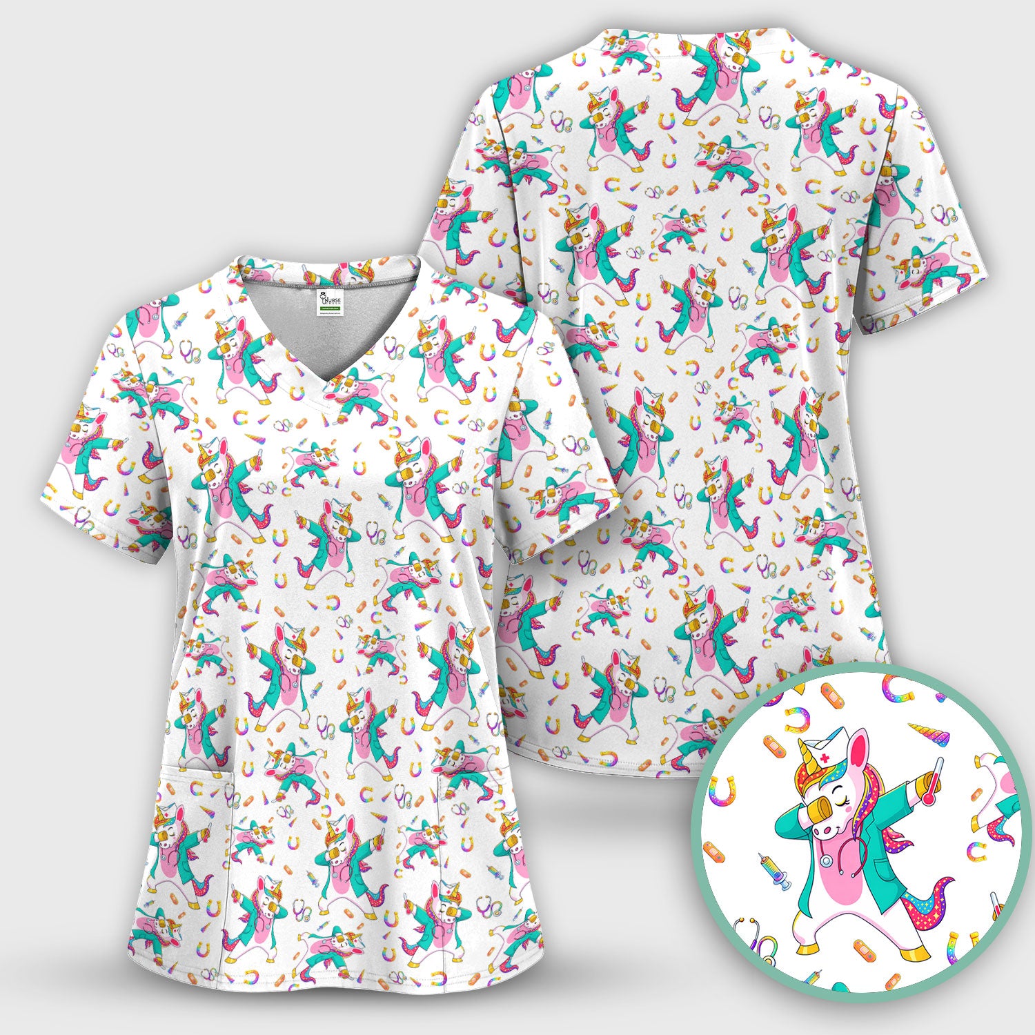 Cute Unicorn Nurse Dance Pattern Scrub Top, Breathable Fabrics Nursing Uniform
