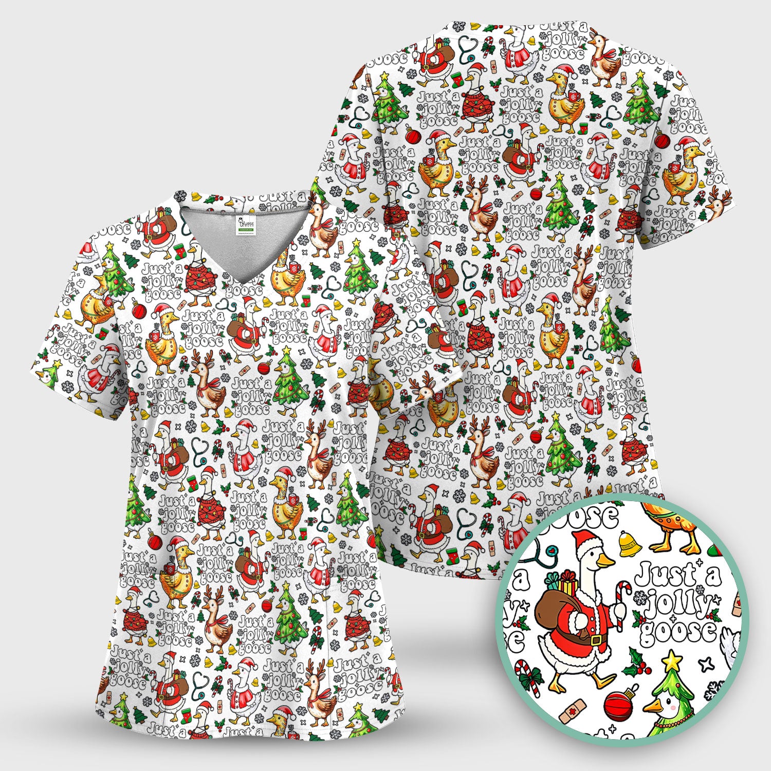 Just a Jolly Goose Funny Christmas Scrub Top - Holiday Medical Uniform for Nurse - Santa Goose Shirt Gift for Women