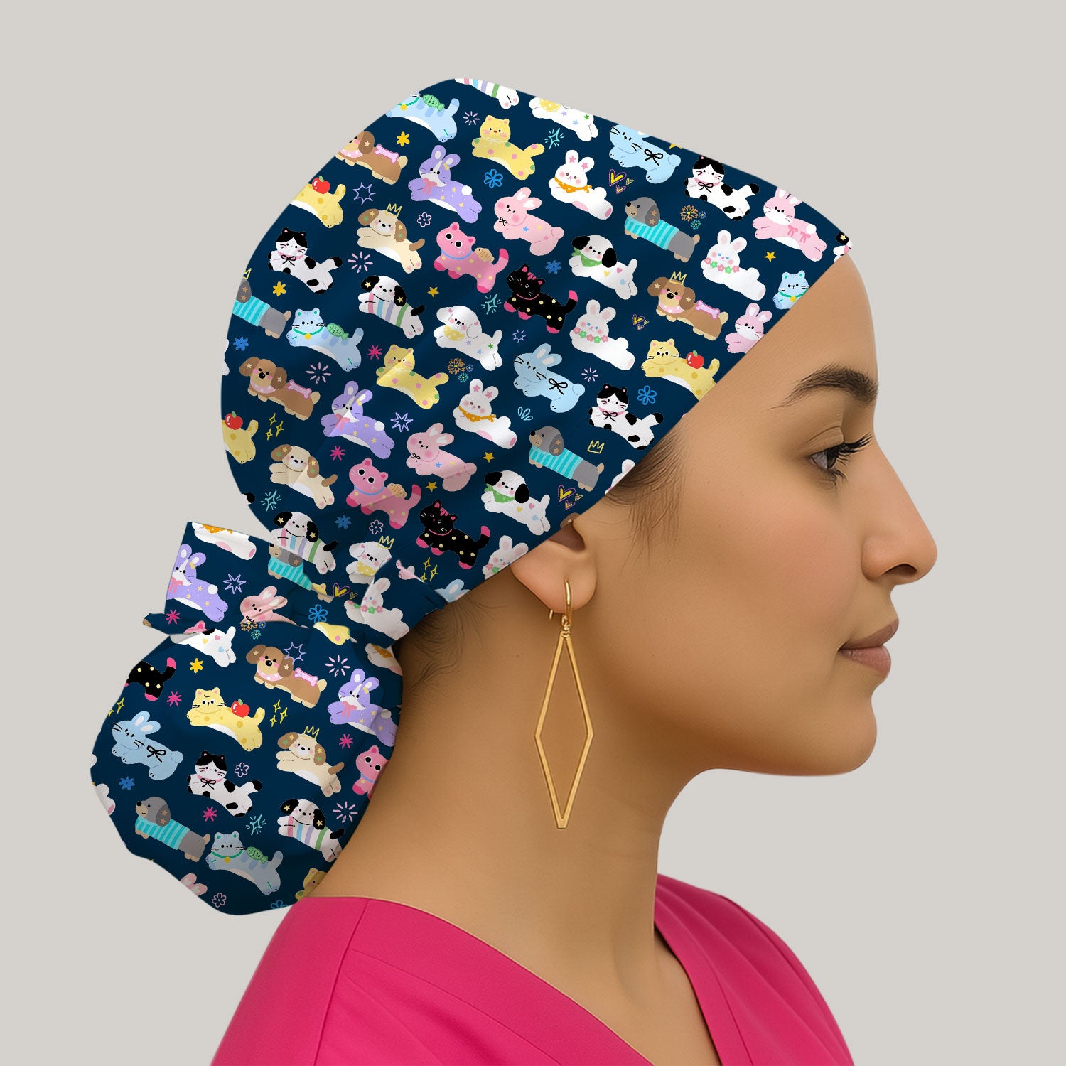 Cute Kawaii Animal Pattern Scrub Cap, Breathable Fabrics Caps Uniform