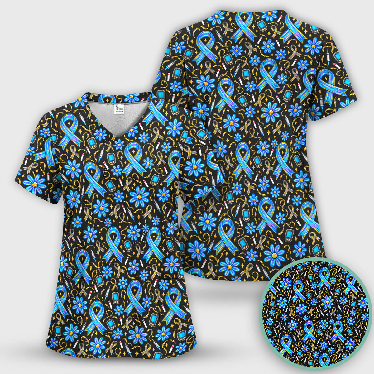 Diabetes Awareness Ribbon Pattern Scrub Top, Comfortable Scrubs for Nurses