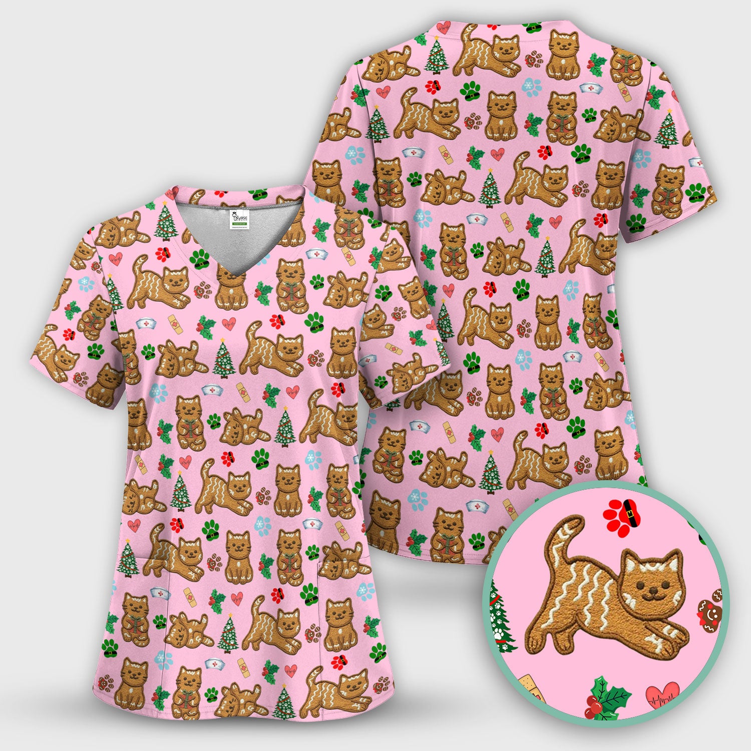 Gingerbread Cat Christmas Scrub Top, Cute Holiday Kitty Medical Uniform Shirt For Nursing, Festive Nurse Pattern