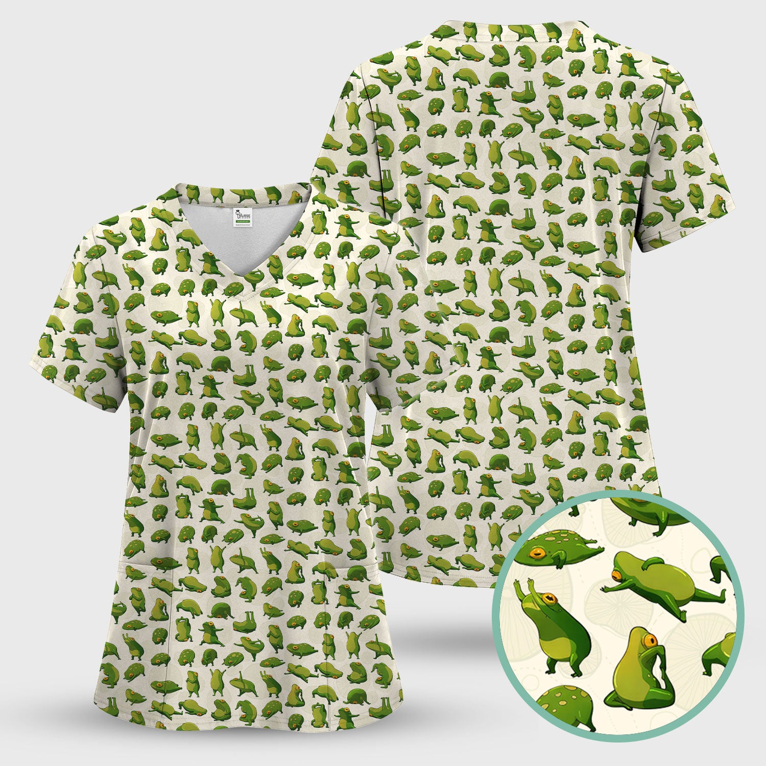 Cute Frog Cartoon Pattern Scrub Top, Comfortable Scrubs for Nurses