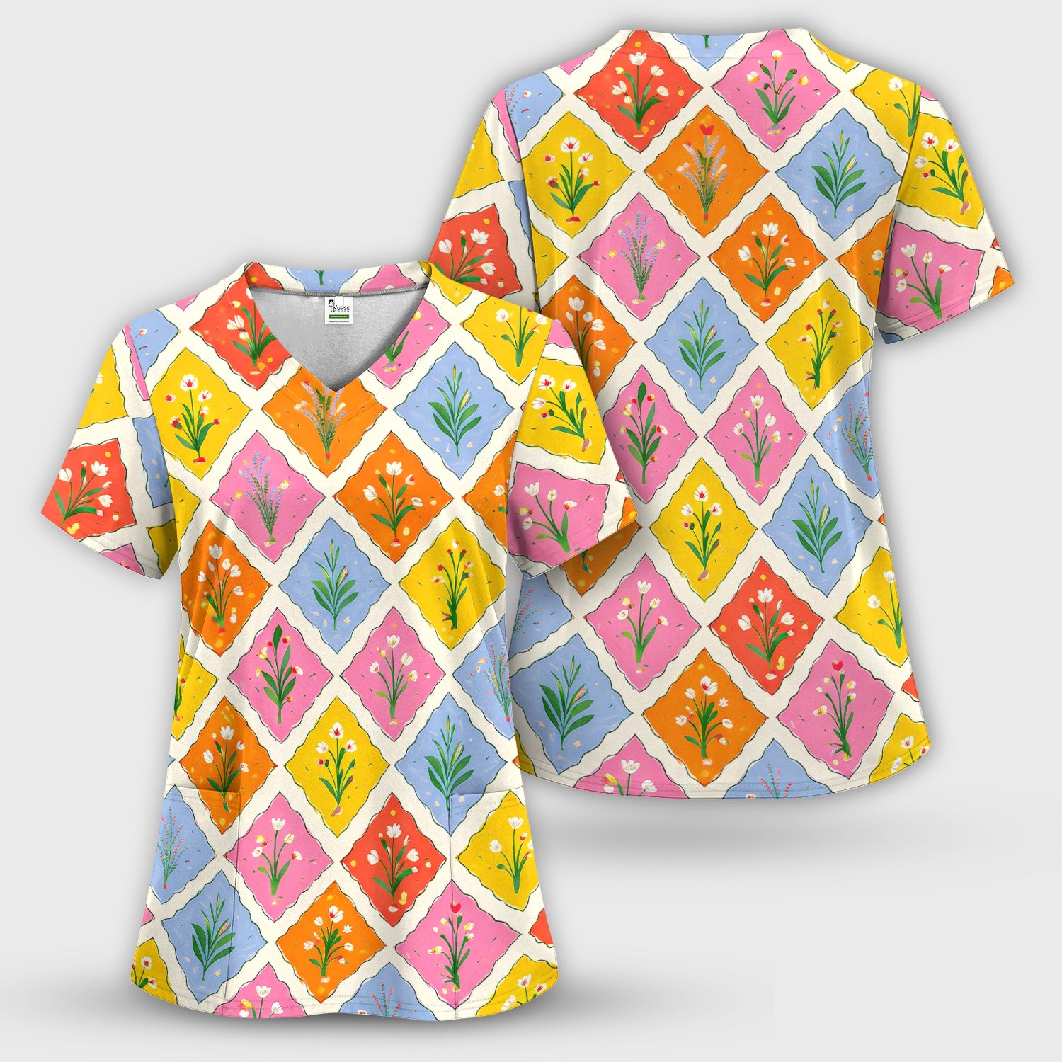 Cute Colorful Floral Tile Pattern Scrub Set, Women's Scrub Sets