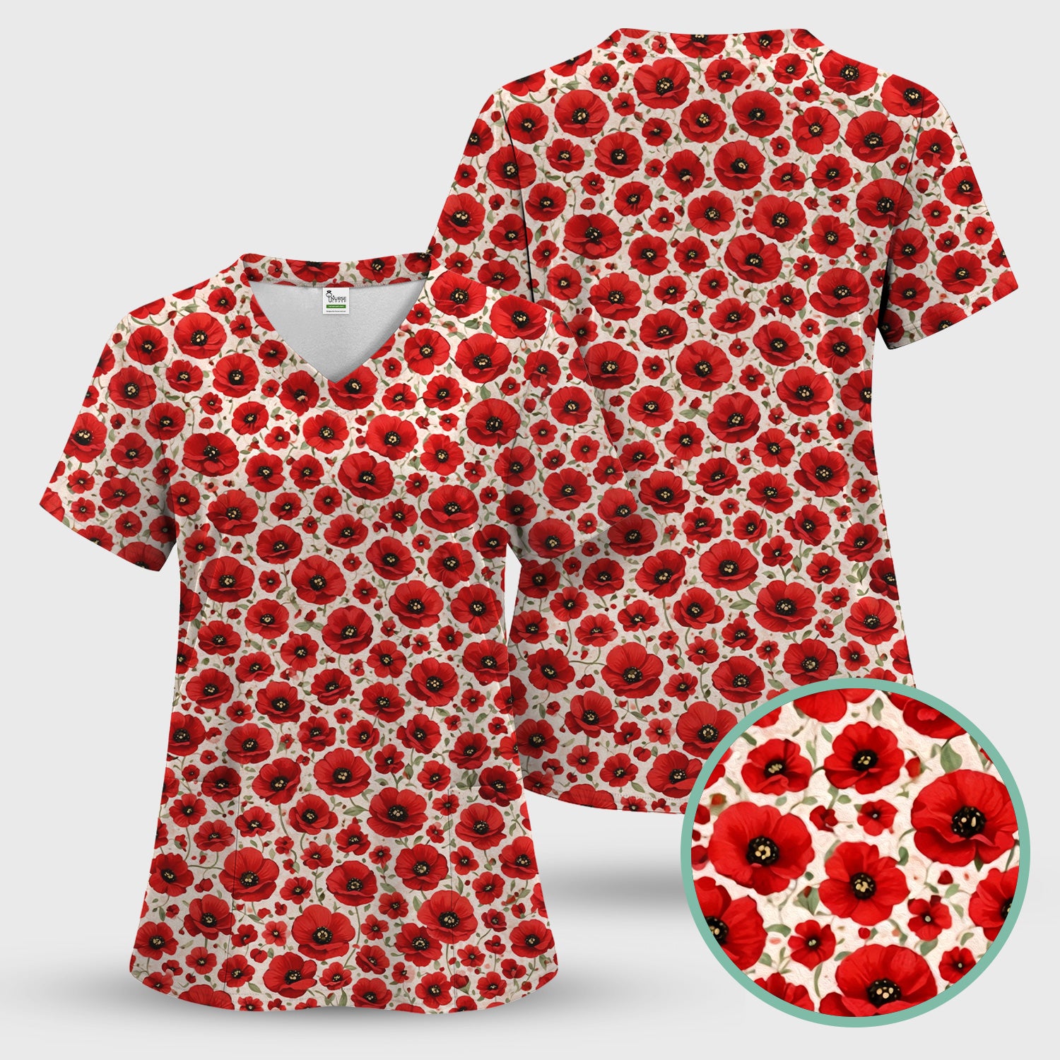 Pretty Red Poppy Flower Garden Pattern Scrub Top, Comfortable Scrubs for Nurses