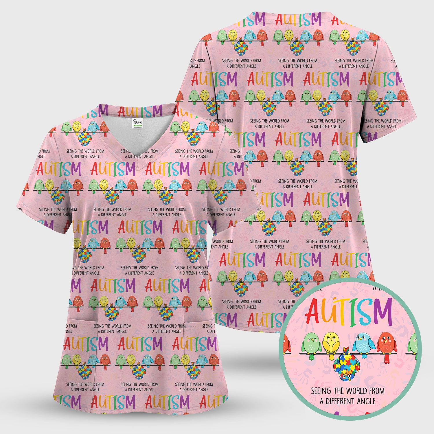 Autism Seeing The World From A Different Angle Birds Scrub Top ,Comfortable Scrubs for Nurses