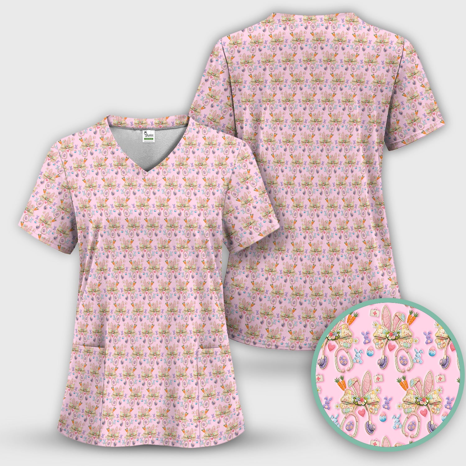 Easter Bunny Stethoscope Pastel Print Scrub Top, Comfortable Scrubs for Nurses