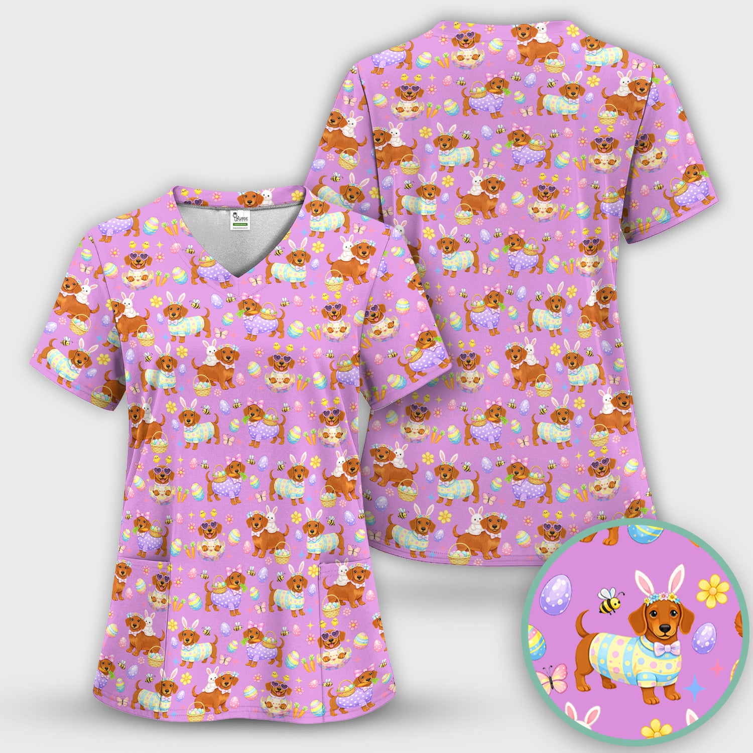 Cute Easter Dachshund Dog Pattern Scrub Top, Breathable Healthcare Uniform Top