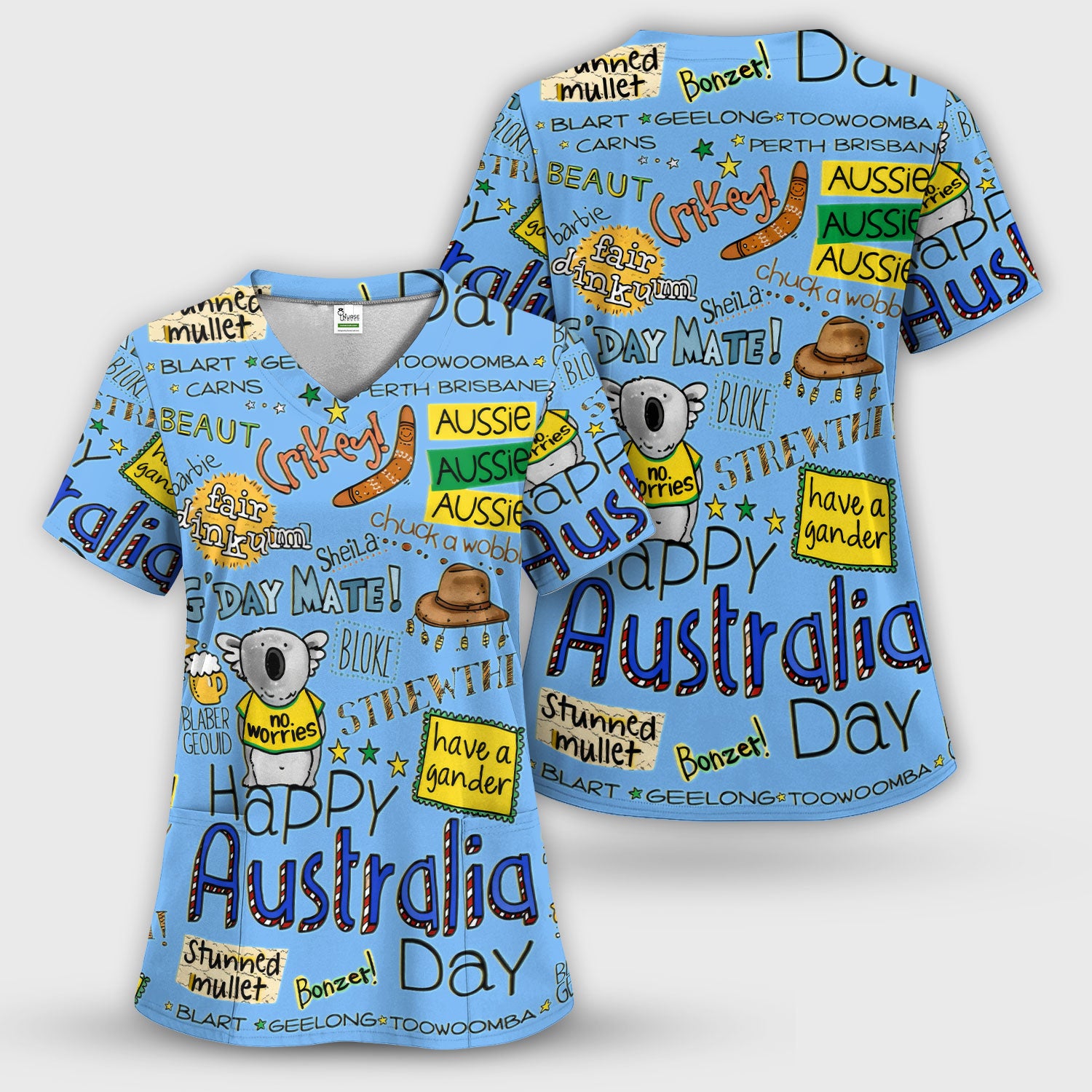 Cute Cartoon Koala Australia Pattern Scrub Top, Breathable Fabrics Nursing Uniform