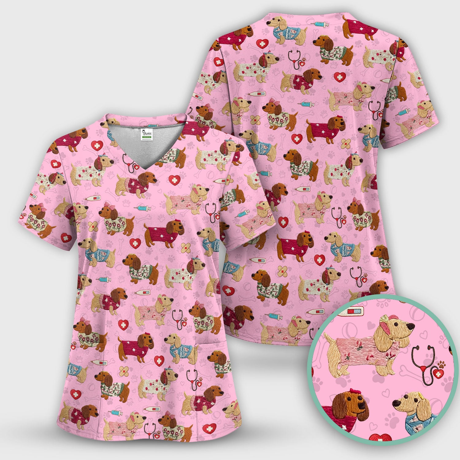 Cute Medical Wiener Dog Pattern Nurse Shirt, Dachshund Nursing Scrub Set, Breathable Fabrics Nursing Uniform