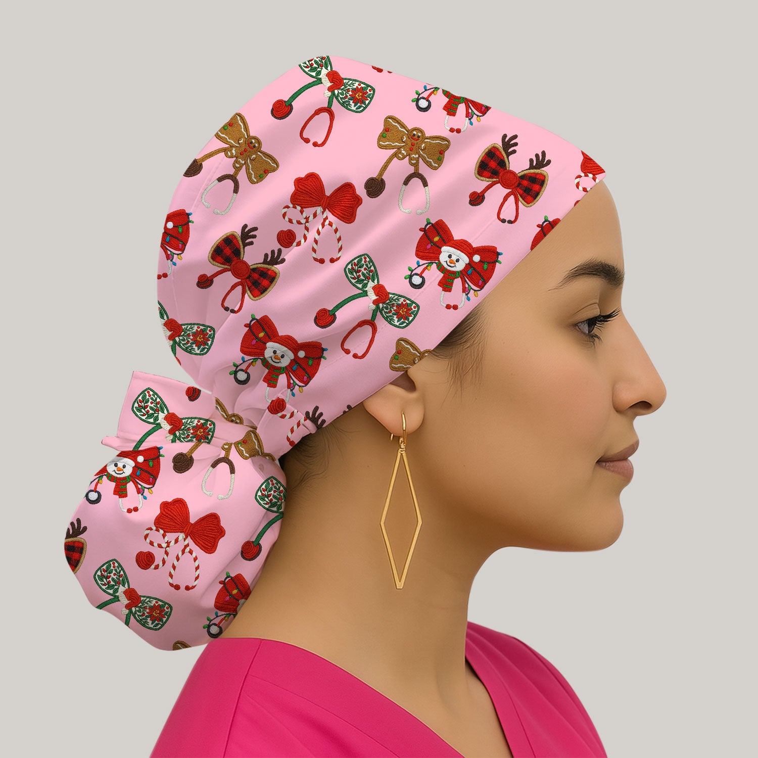 Christmas Stethoscope Bow Nurse Scrub Cap, Xmas Pattern Scrub Hat, Holiday Nursing Uniform