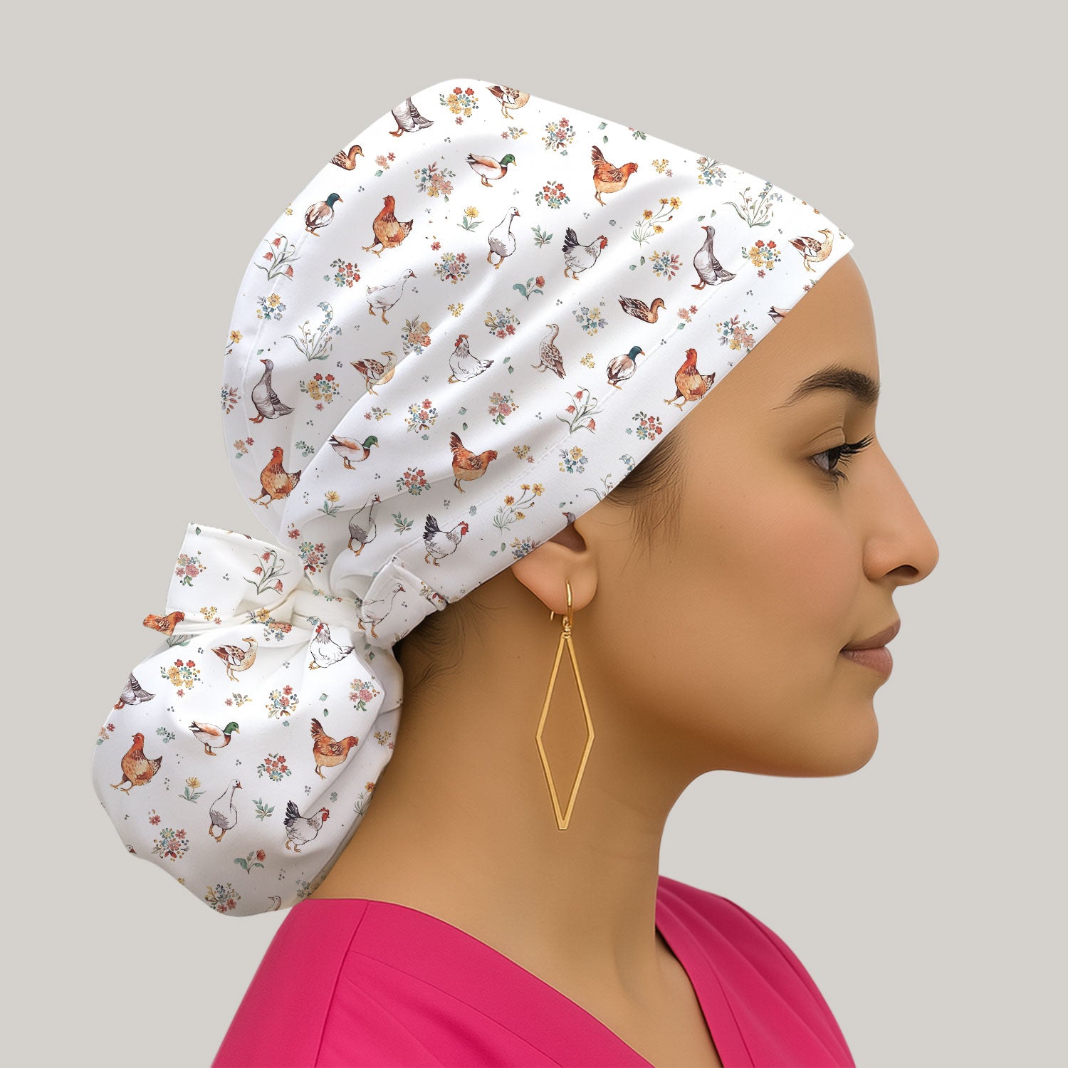 Farm Chicken Duck Floral Pattern Caps, Bouffant Scrub Caps for Women