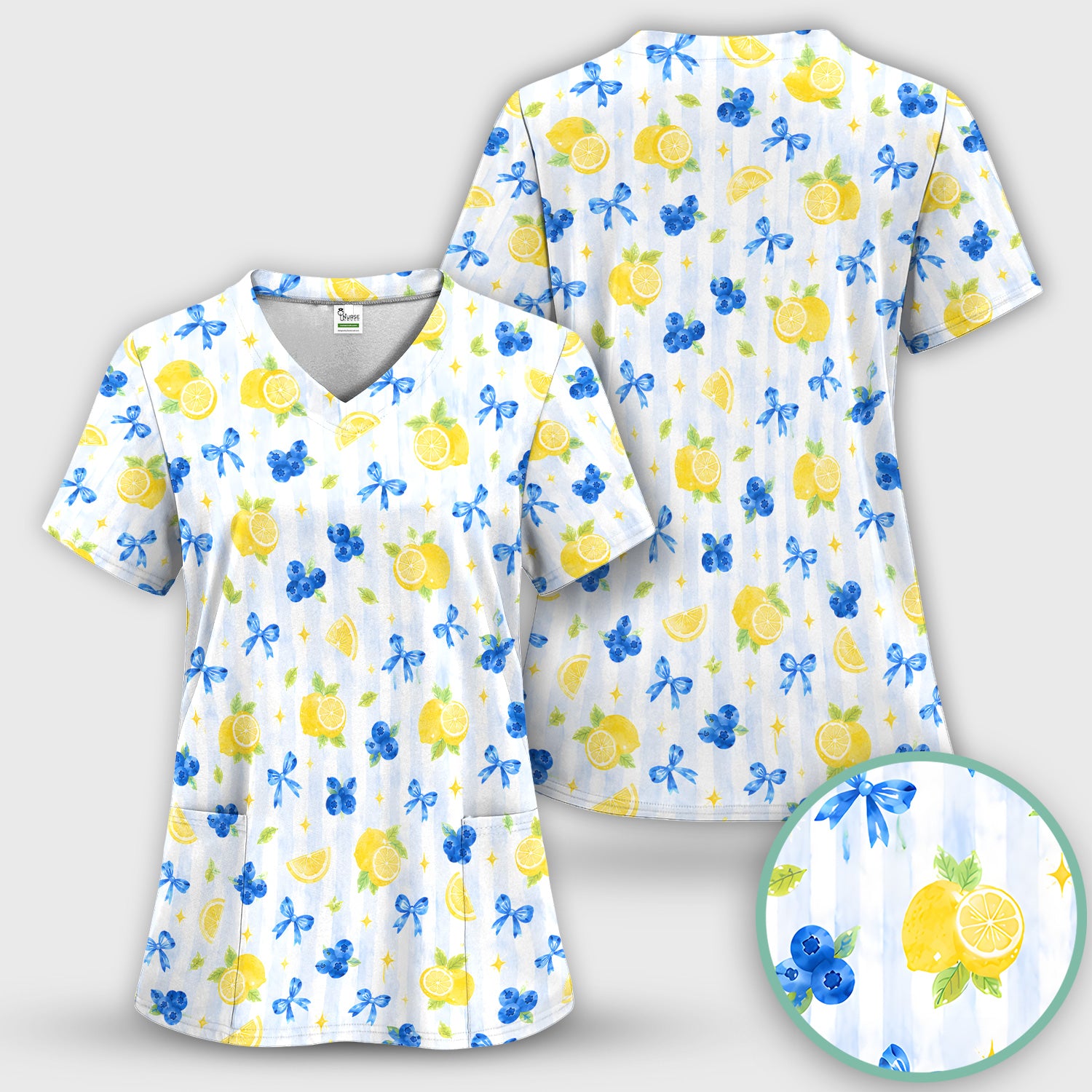 Lemon Blueberry Bow Nurse Print Scrub Set, Scrub Pants and V Neck Top