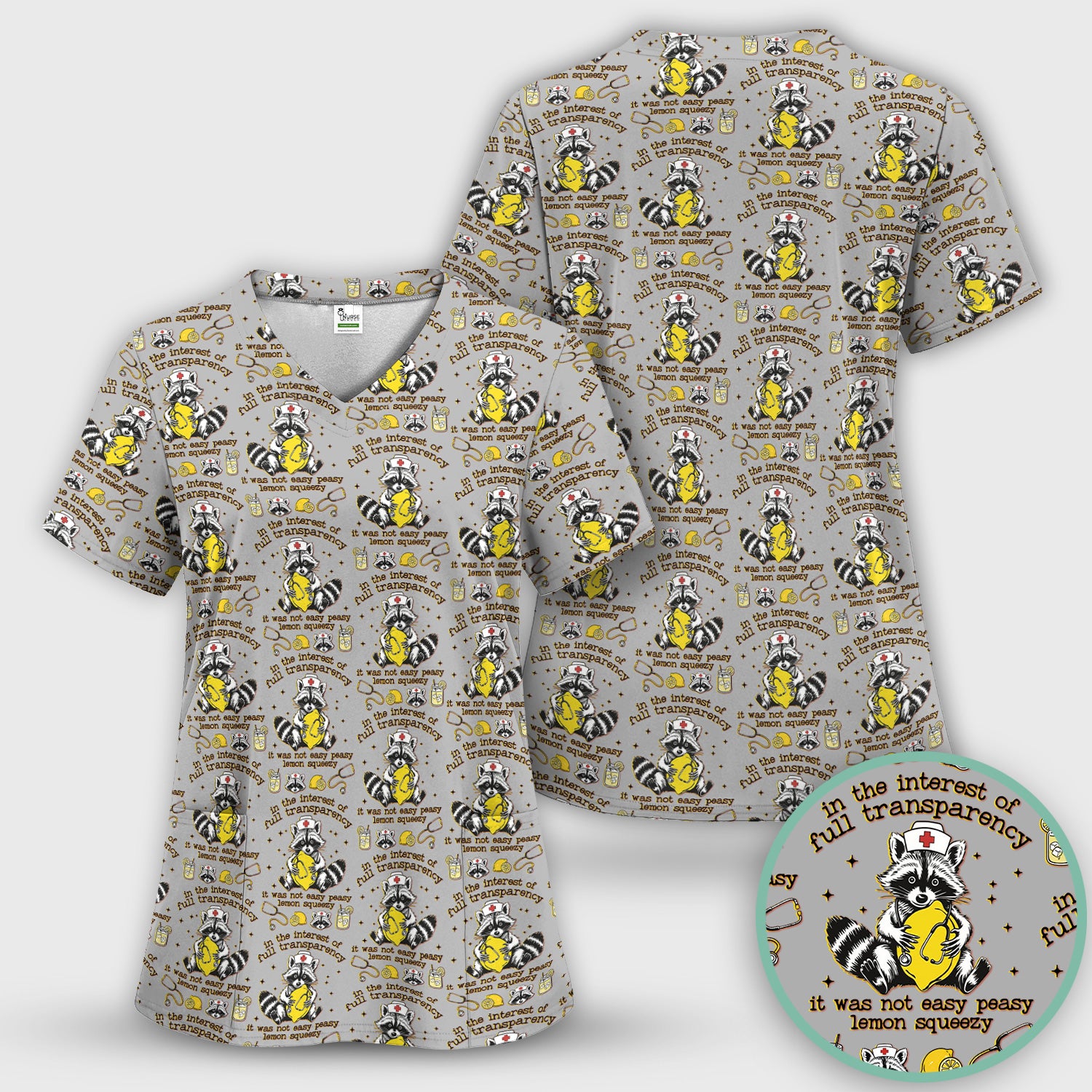 Raccoon Lemon Quote Medical Humor Pattern Scrub Top, Breathable Fabrics Nursing Uniform