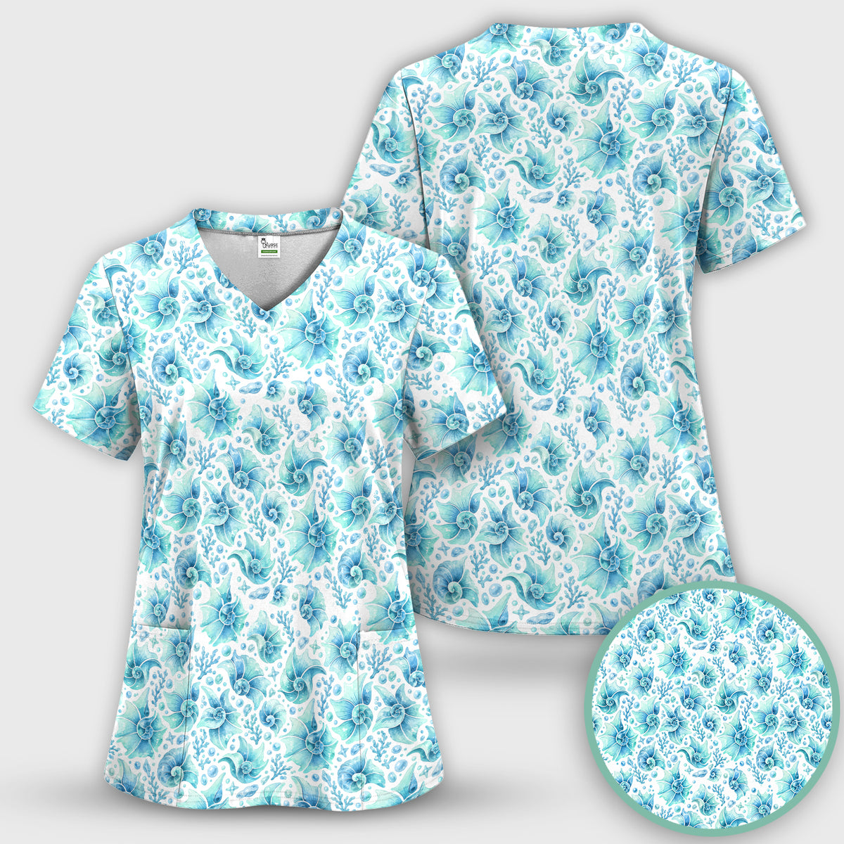Blue Watercolor Seashell Pattern Scrub Top, Comfortable Scrubs for Nurses