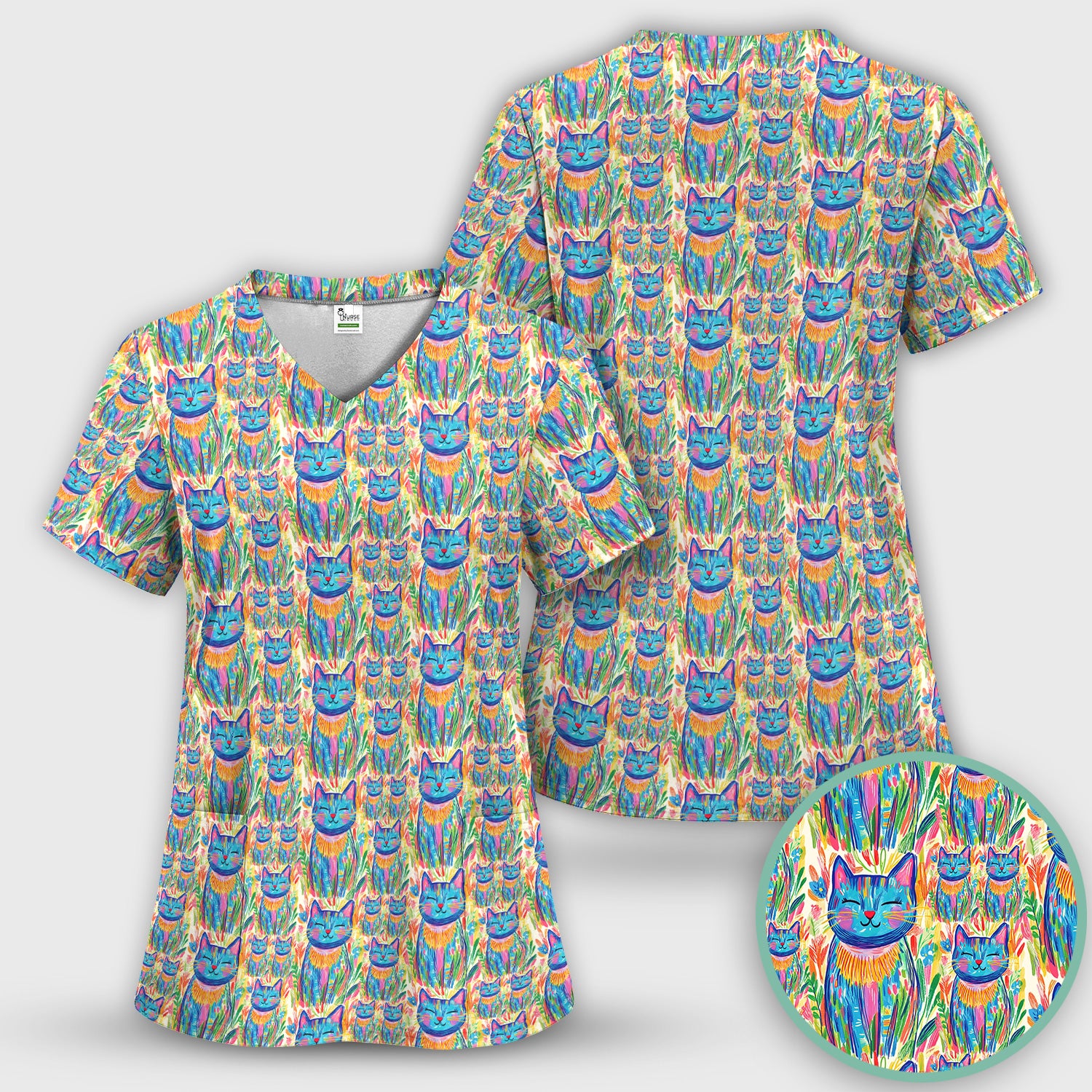 Colorful Rainbow Cat With Floral Brushstroke Scrub Set, Scrub Pants and V Neck Top