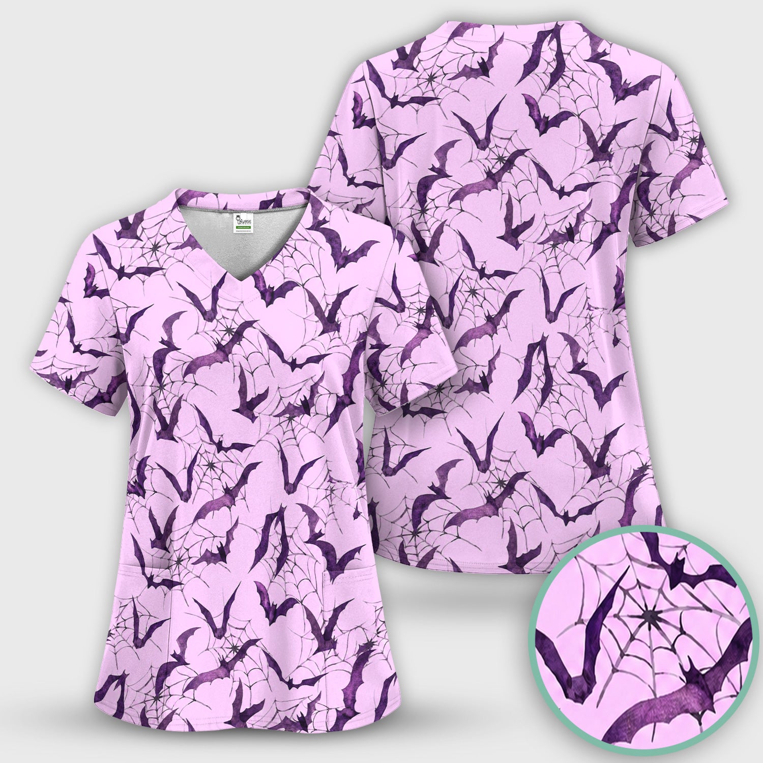 Halloween Bat with Spider Web Scrub Top, Comfortable Scrubs for Nurses